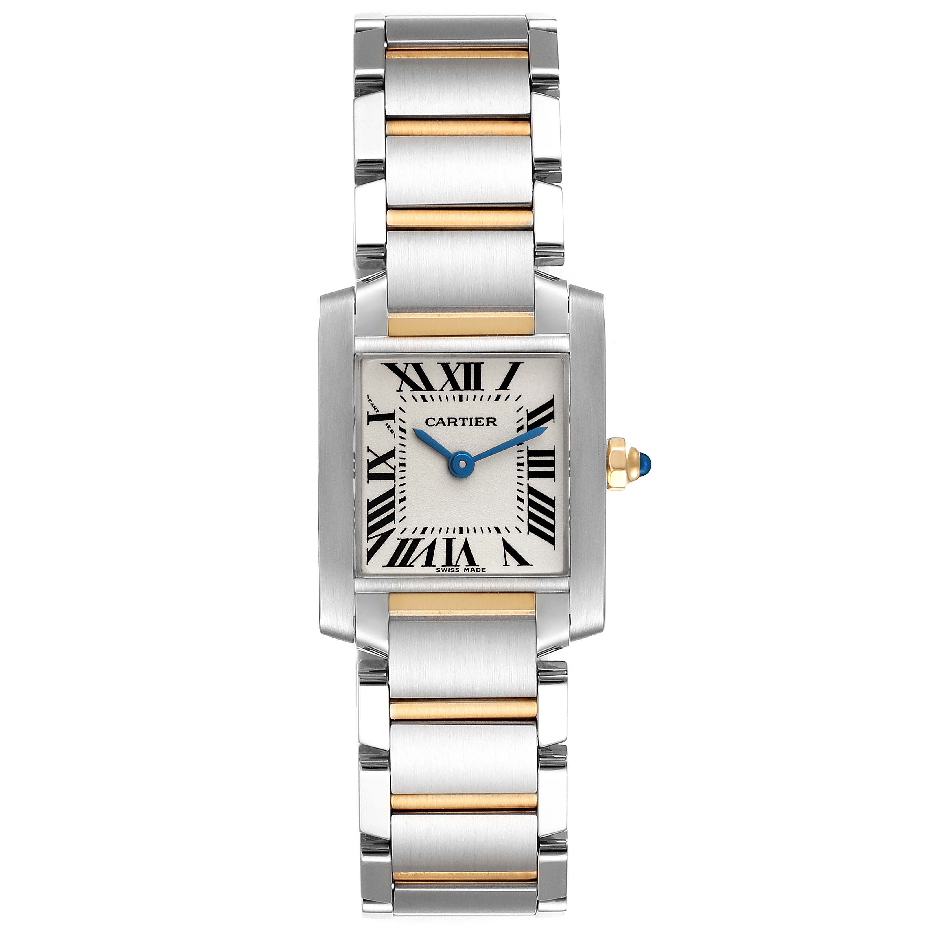 The image shows a top-down view of the Cartier Tank Française watch, highlighting its face, bracelet, and crown details.