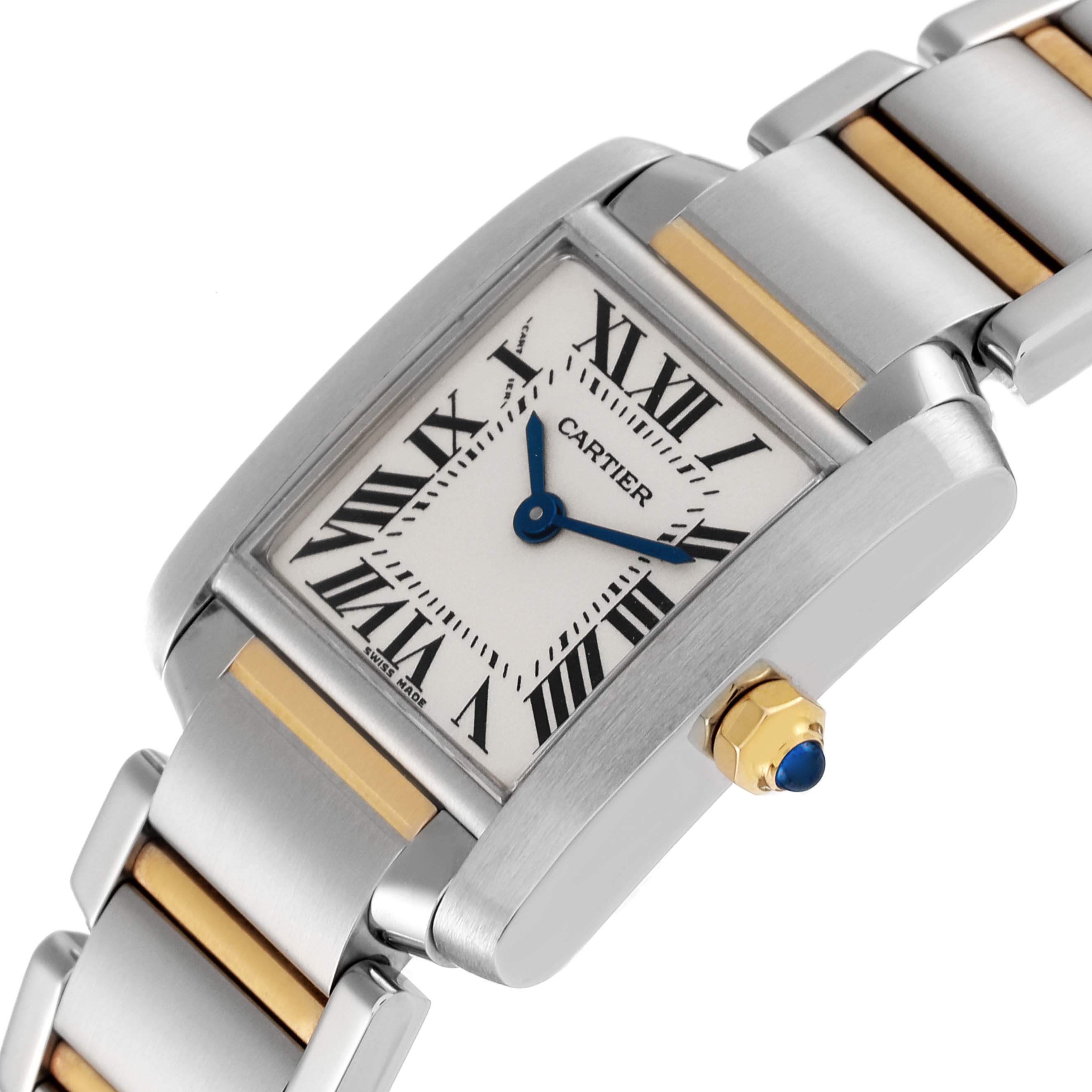 The Cartier Tank Francaise W51007Q4 Women's Steel and Gold (two tone) Silver Dial W51007Q4 Women's Steel and Gold (two tone) Silver Dial watch is shown from an angled close-up, displaying its face, blue hands, silver-and-gold band, and blue crown.