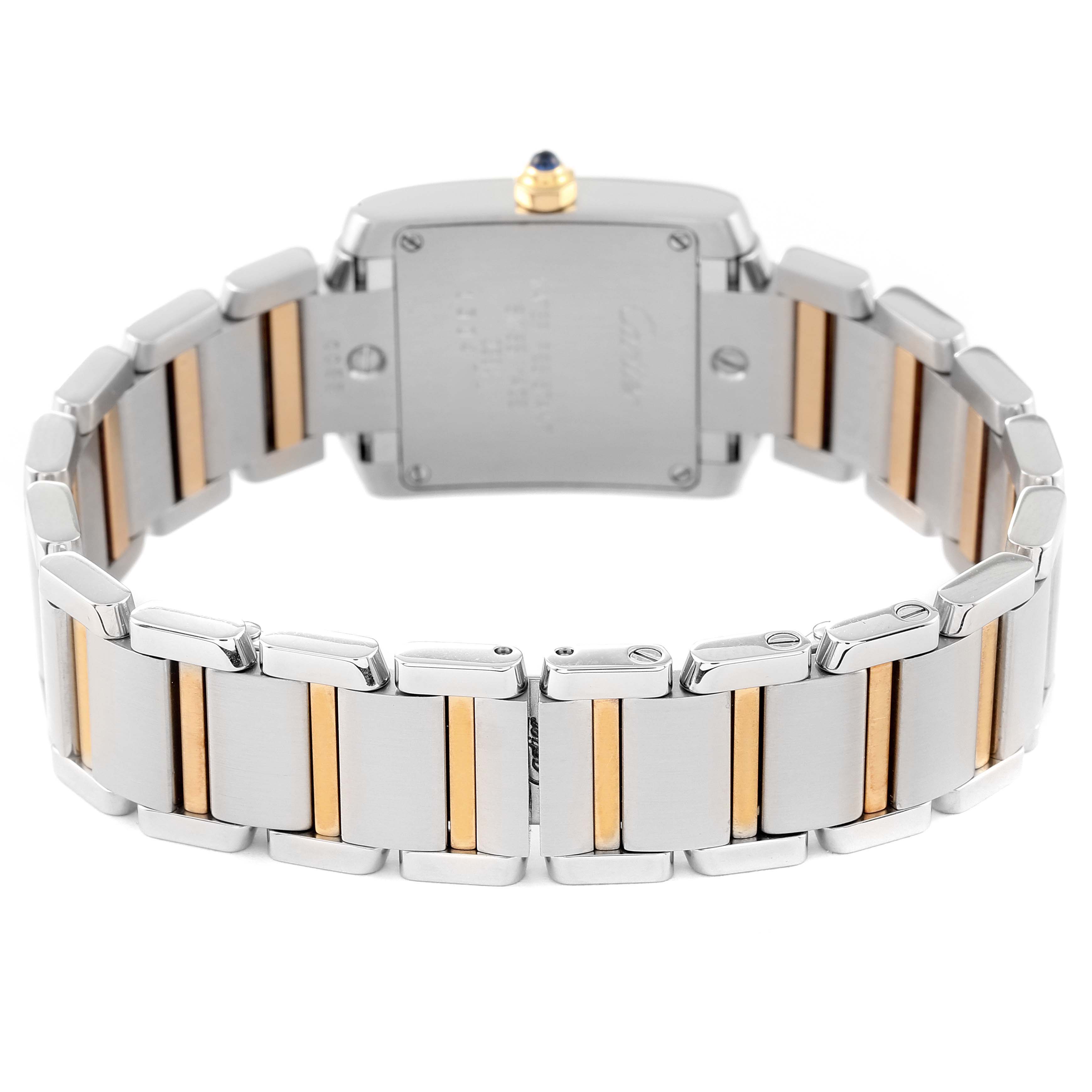 The image displays the back view of the Cartier Tank Francaise W51007Q4 Women's Steel and Gold (two tone) Silver Dial W51007Q4 Women's Steel and Gold (two tone) Silver Dial watch, highlighting its two-tone bracelet and clasp.