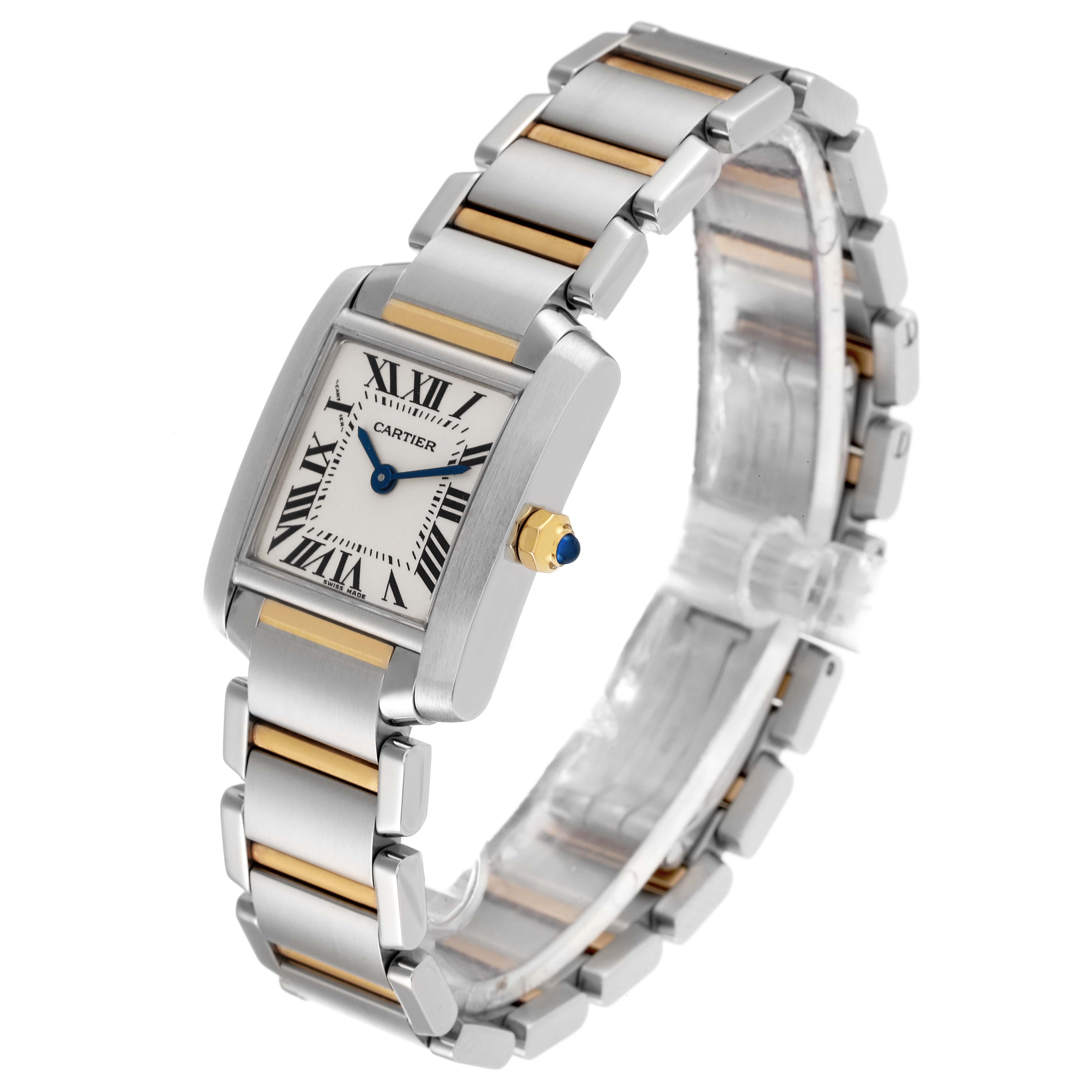 This Cartier Tank Francaise W51007Q4 Women's Steel and Gold (two tone) Silver Dial W51007Q4 Women's Steel and Gold (two tone) Silver Dial watch is shown at an angle showcasing the face, bracelet, and a side view of the case and crown.