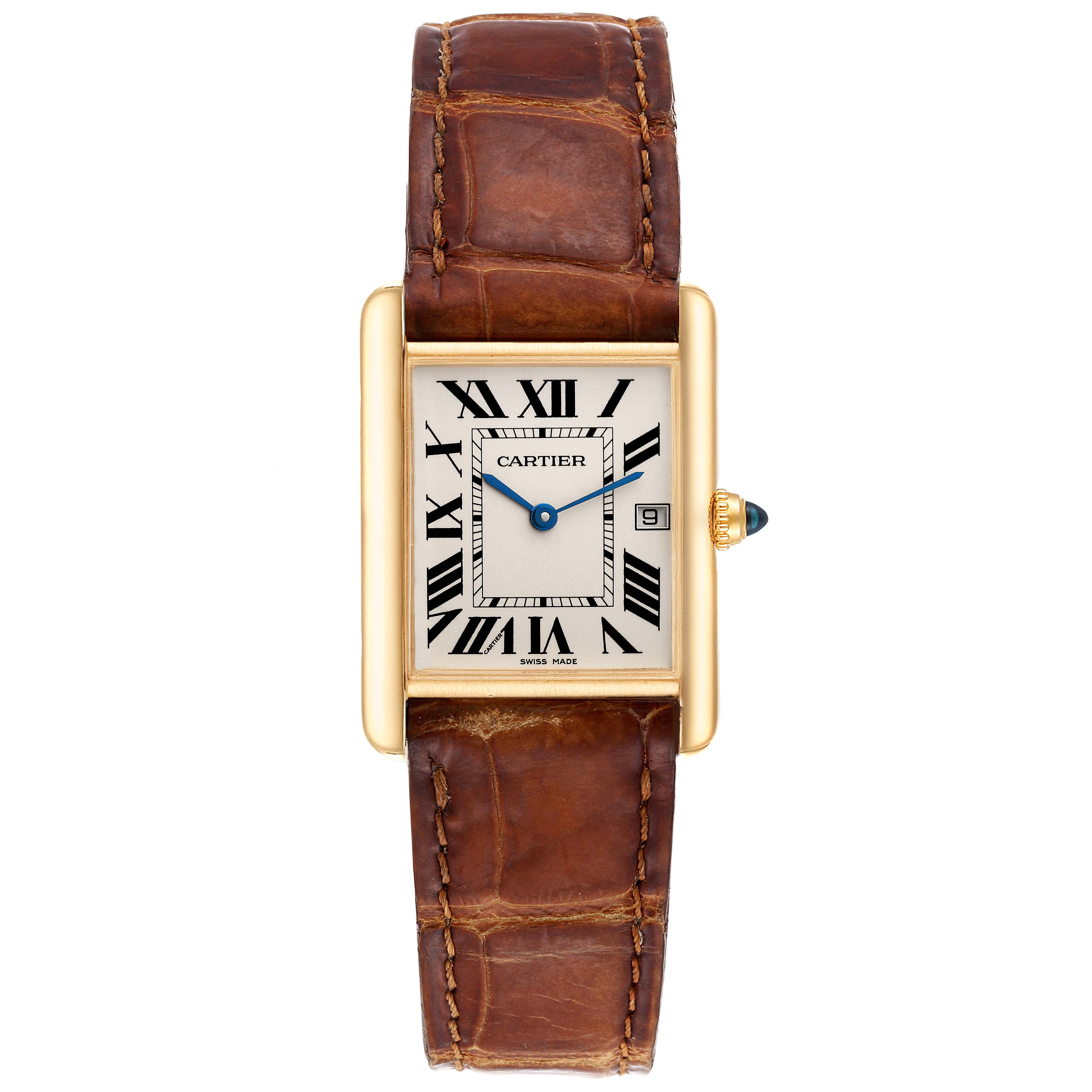 The Cartier Tank Louis W1529756 Men's Yellow Gold Silver Dial W1529756 Men's Yellow Gold Silver Dial watch is shown from a front view, displaying the dial, roman numerals, gold case, and brown leather strap.