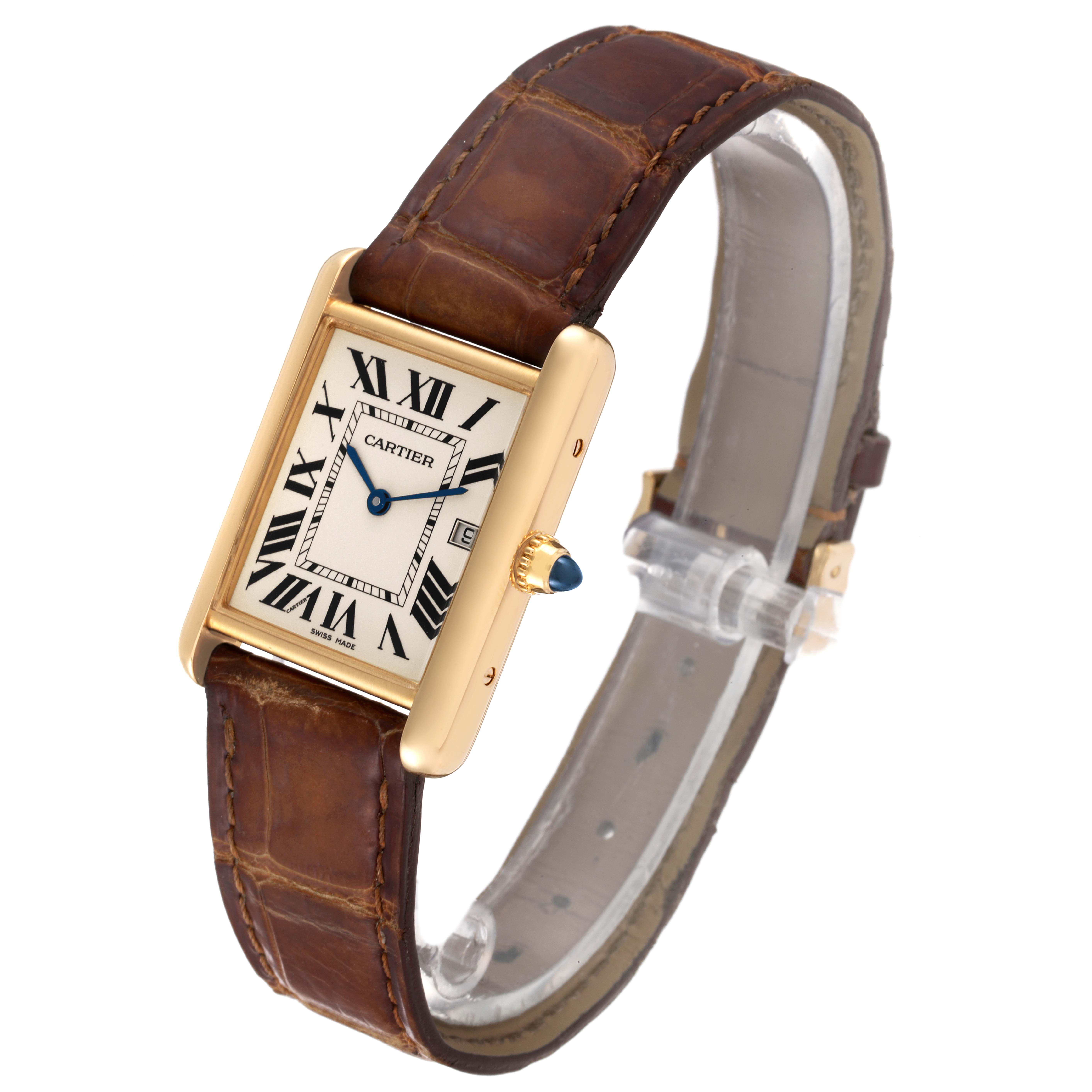 The image shows a side angle of a Cartier Tank Louis W1529756 Men's Yellow Gold Silver Dial W1529756 Men's Yellow Gold Silver Dial watch, highlighting its face, gold case, brown leather strap, and blue cabochon crown.