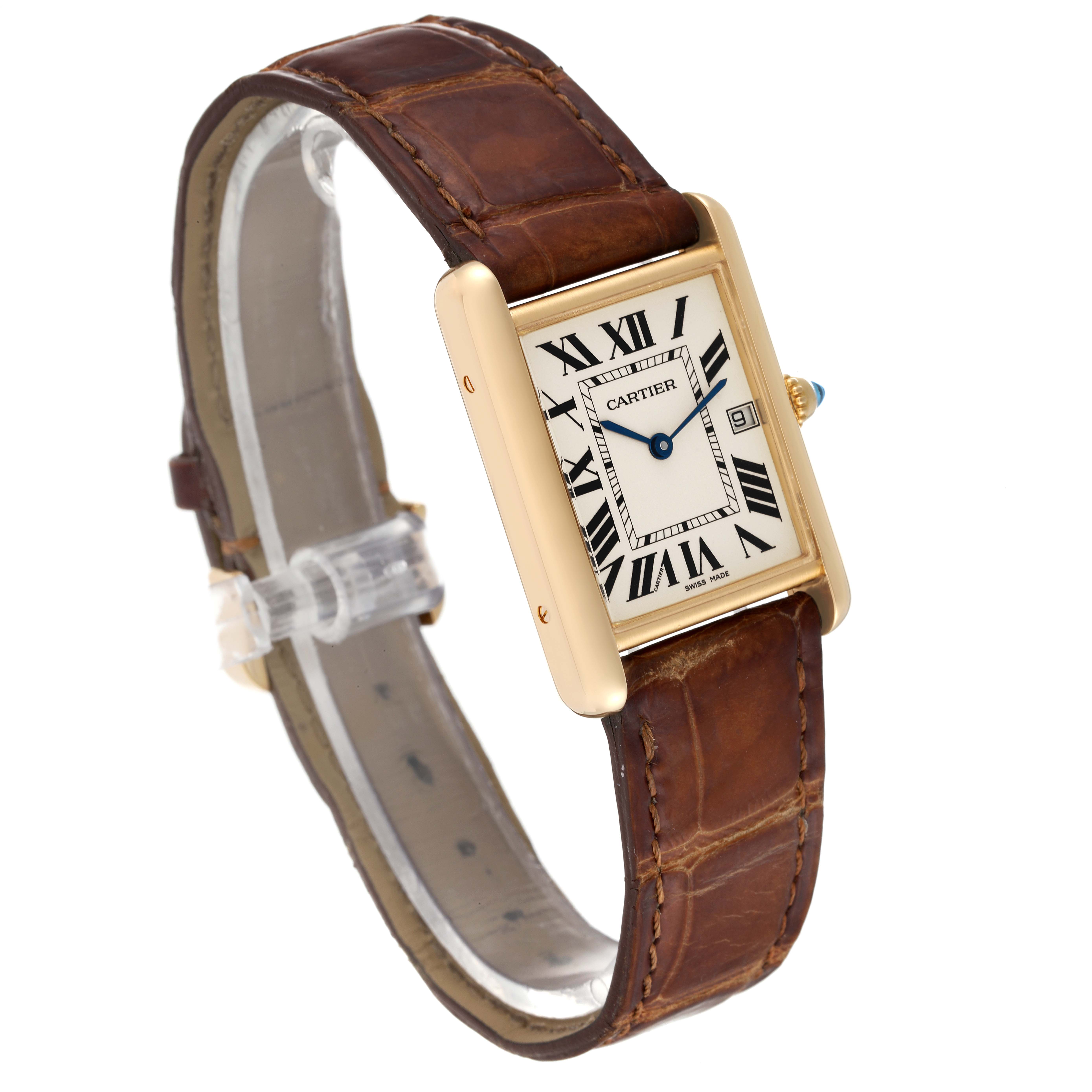 The image shows a Cartier Tank Louis W1529756 Men's Yellow Gold Silver Dial W1529756 Men's Yellow Gold Silver Dial watch at a slight angle, displaying its rectangular face and Roman numerals, along with a brown leather strap.