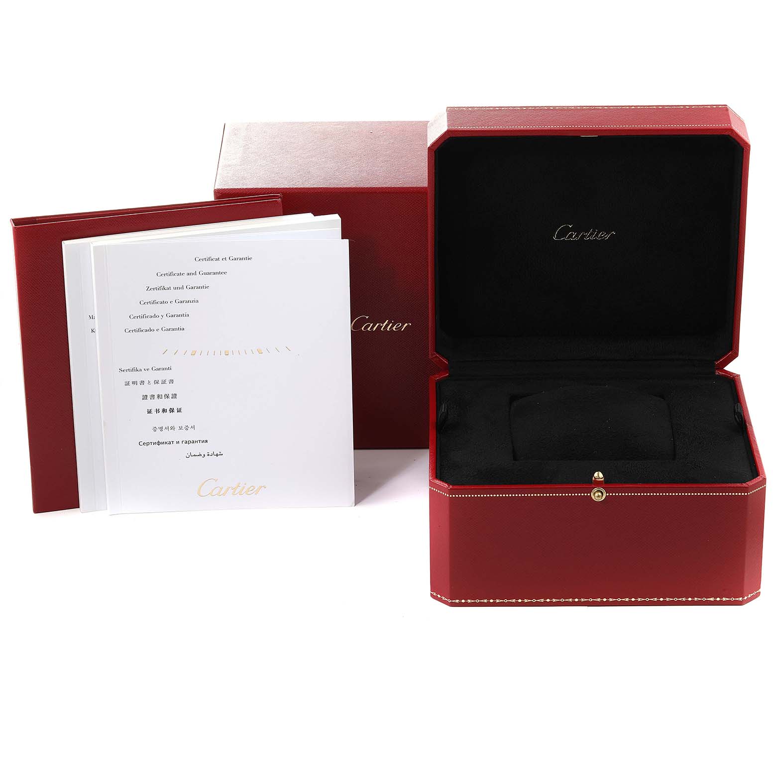 The image shows a Cartier Tank Louis W1529756 Men's Yellow Gold Silver Dial W1529756 Men's Yellow Gold Silver Dial watch box, its outer packaging, and guarantee certificates.