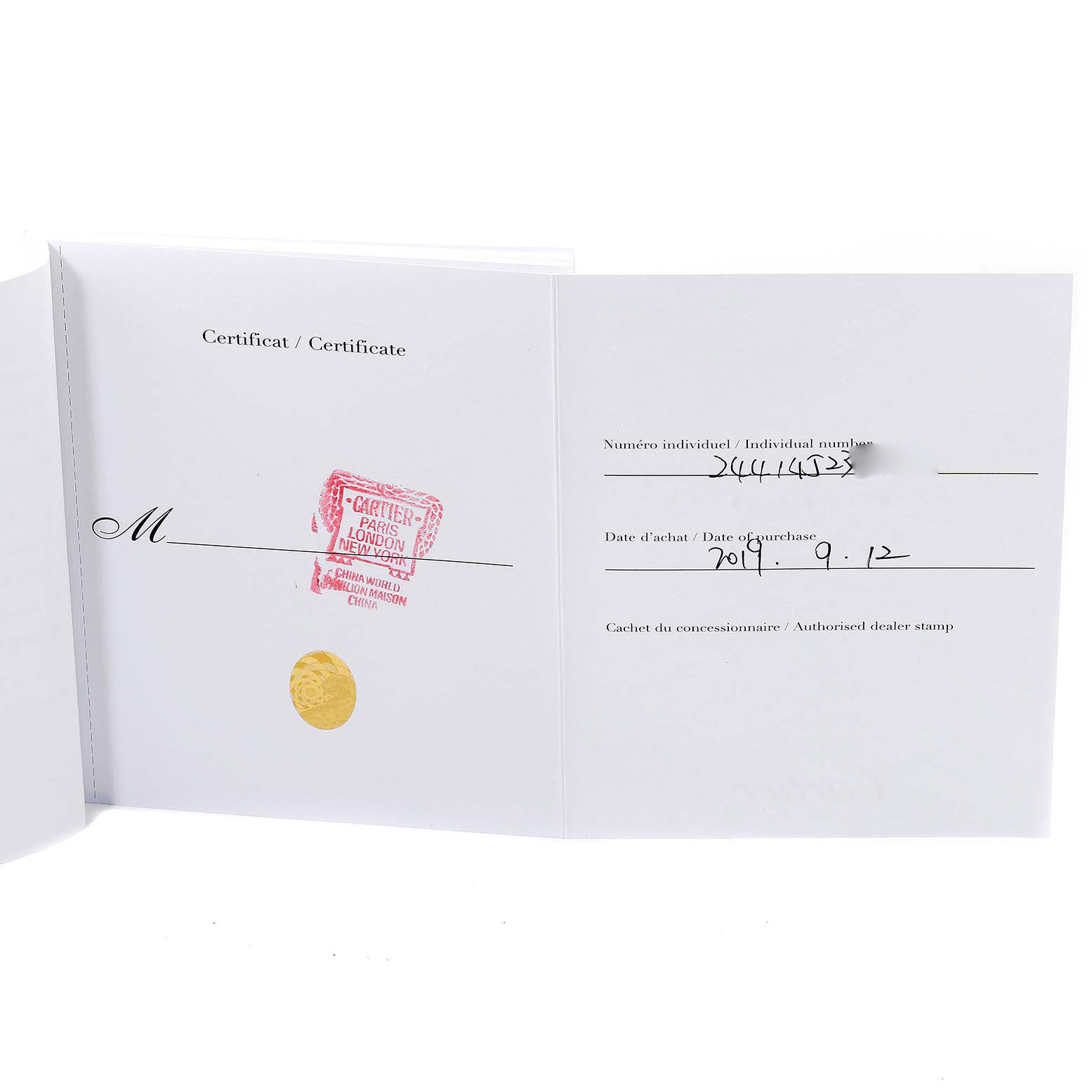 This image shows the certificate of the Tank Louis model by Cartier, including individual number, purchase date, and dealer stamp.