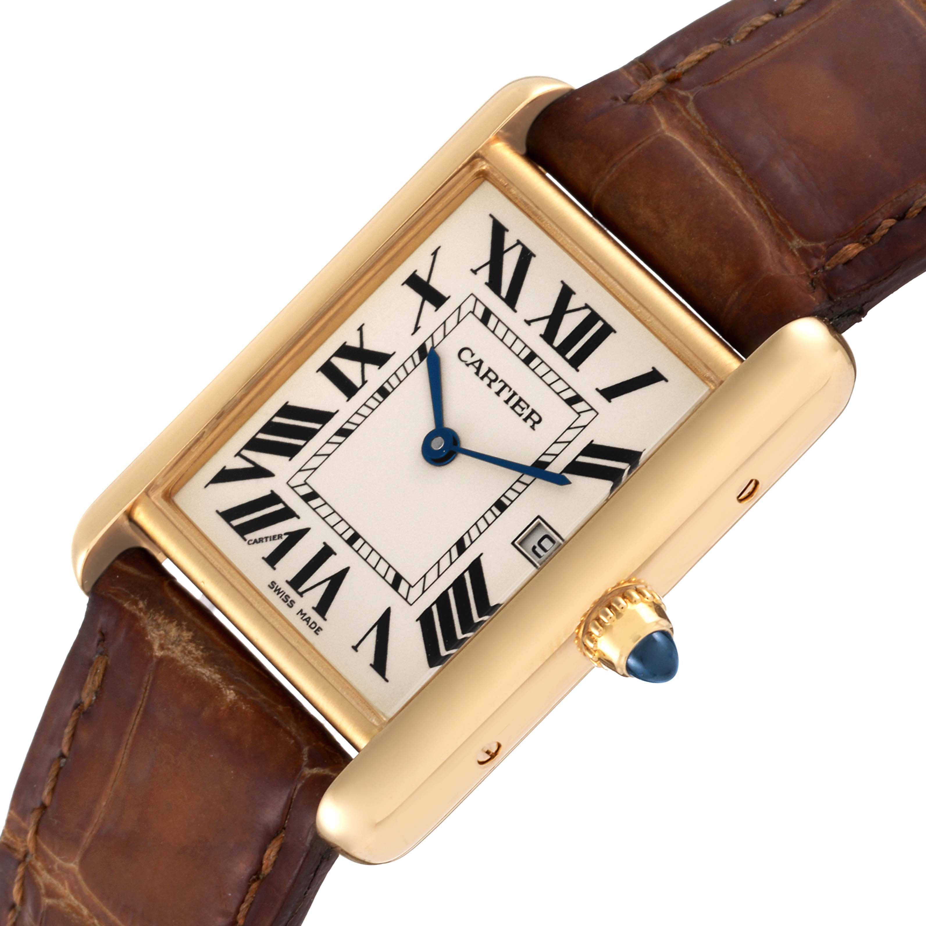 The image shows a top view of a Cartier Tank Louis W1529756 Men's Yellow Gold Silver Dial W1529756 Men's Yellow Gold Silver Dial watch, highlighting the face, Roman numerals, and a brown leather strap.