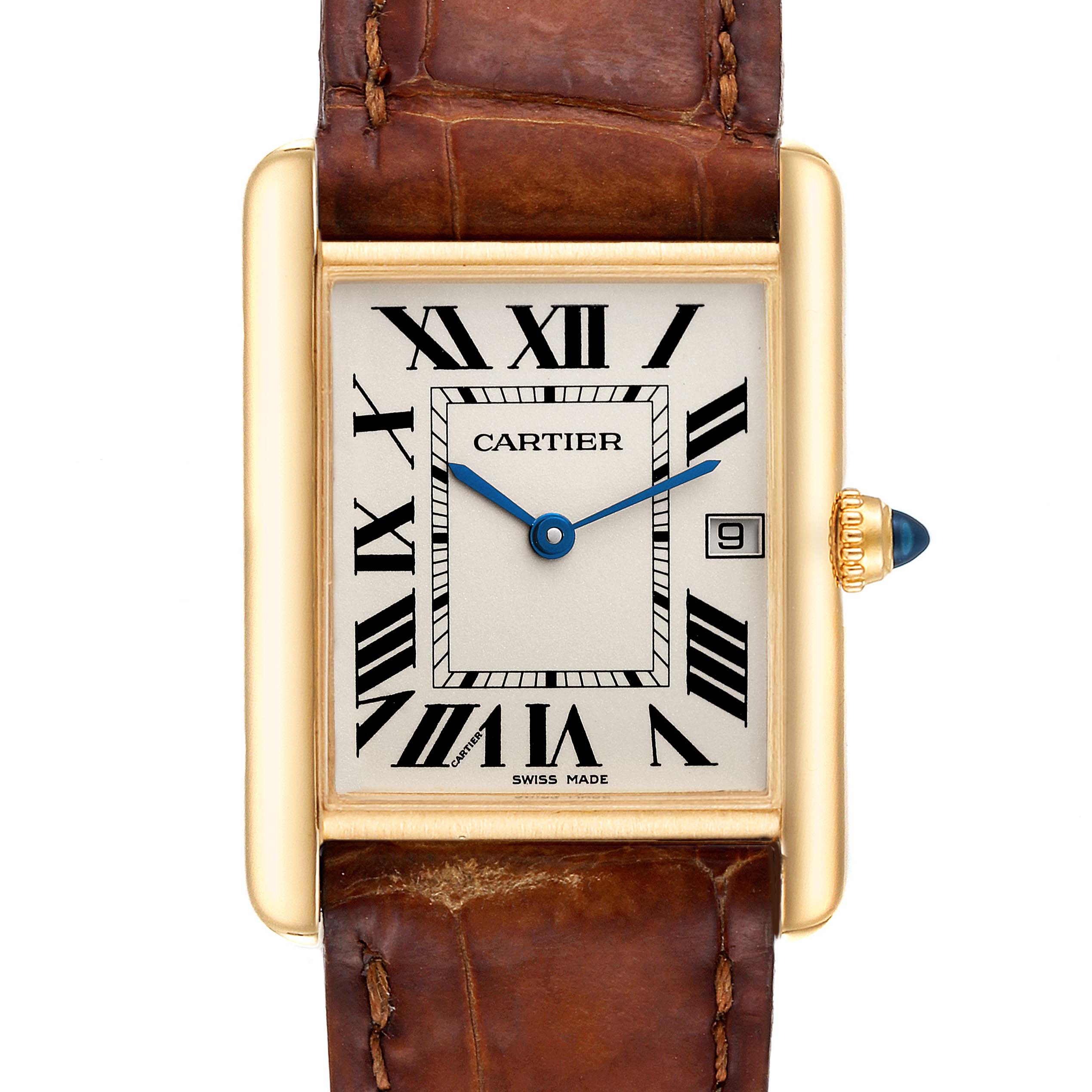 This image shows a front view of the Cartier Tank Louis W1529756 Men's Yellow Gold Silver Dial W1529756 Men's Yellow Gold Silver Dial watch, highlighting the rectangular case, Roman numerals, and leather strap.
