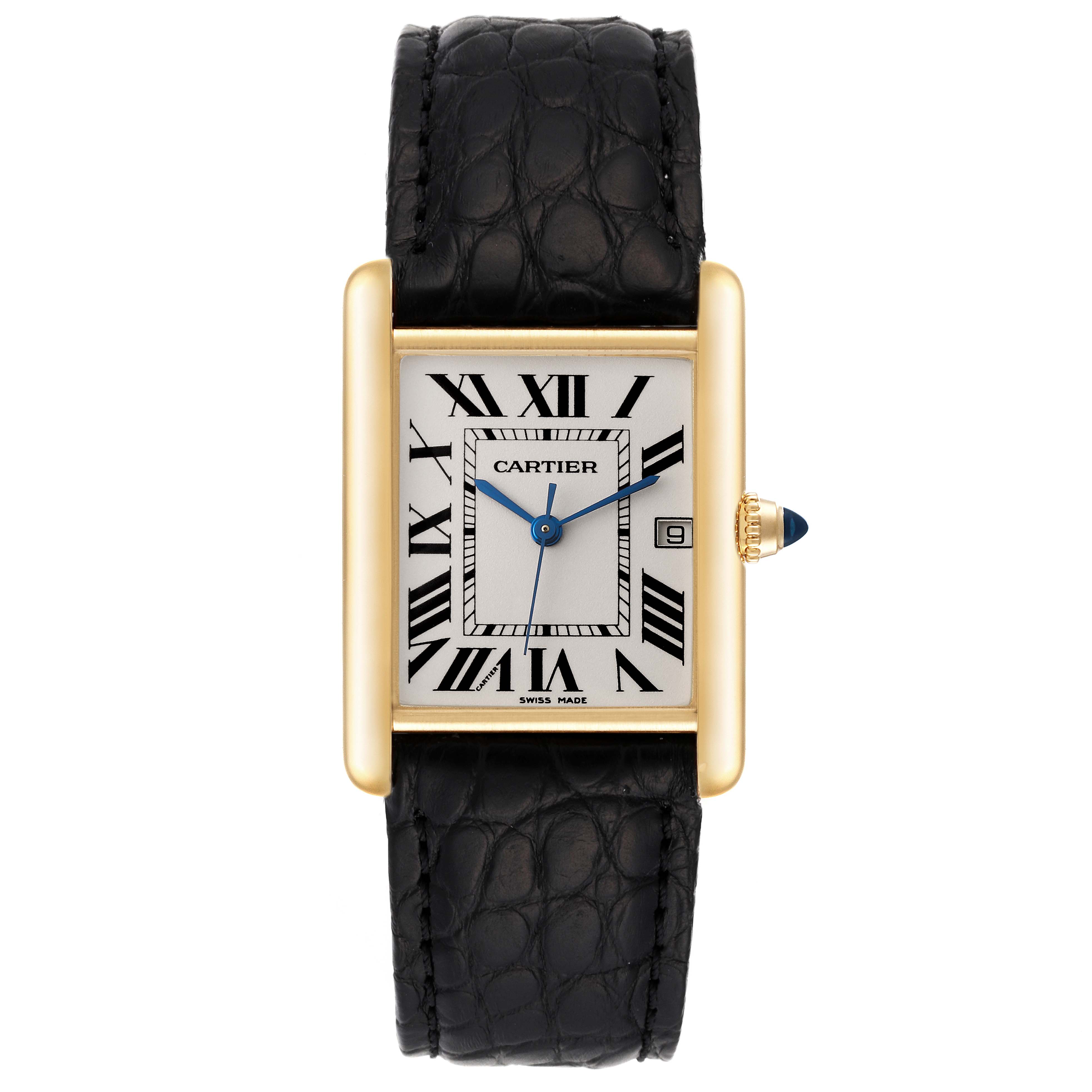 The image shows a front view of the Cartier Tank Louis W1529756 Men's Yellow Gold Silver Dial W1529756 Men's Yellow Gold Silver Dial watch, highlighting its rectangular face, Roman numerals, and black leather strap.
