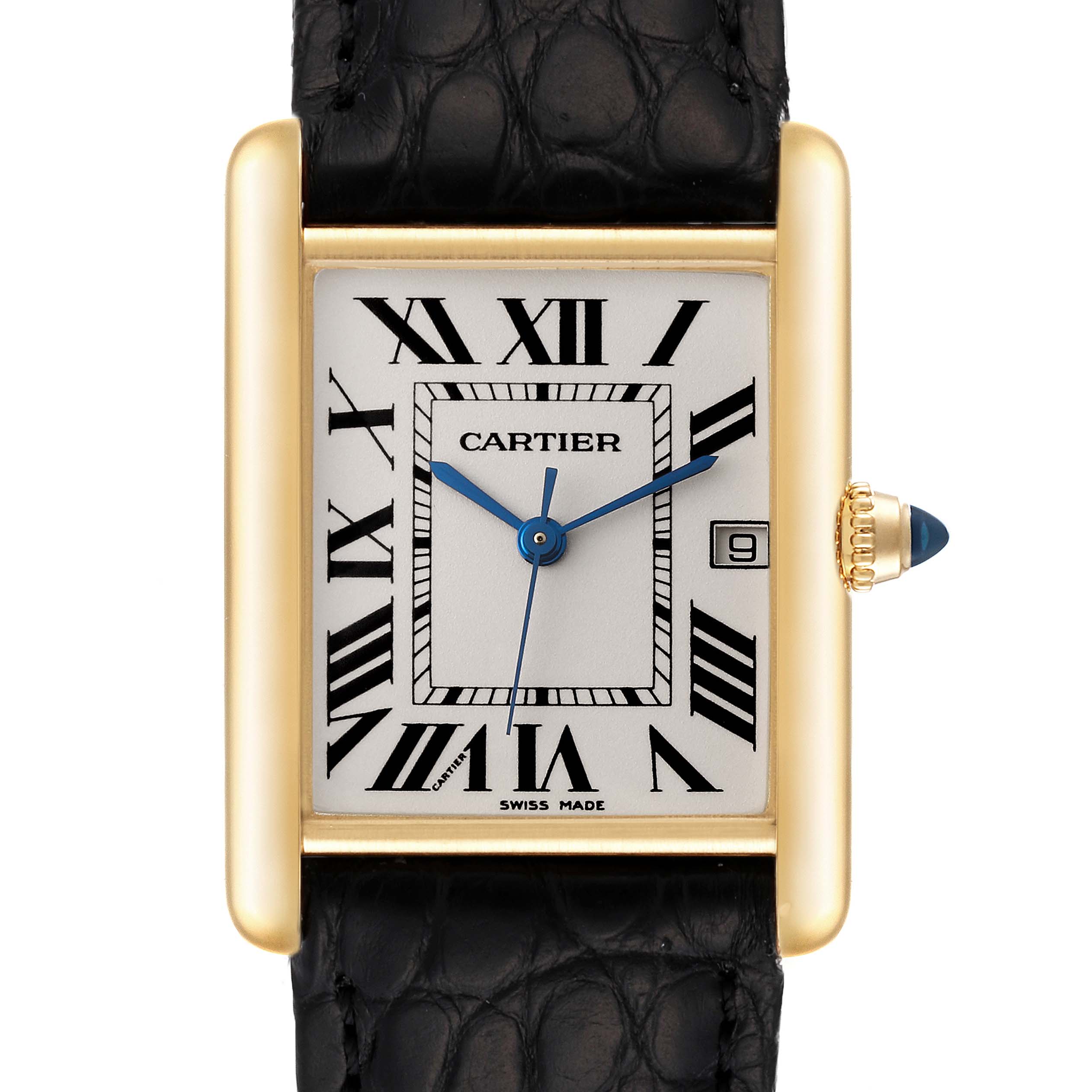 The image shows a front view of a Cartier Tank Louis W1529756 Men's Yellow Gold Silver Dial W1529756 Men's Yellow Gold Silver Dial watch, displaying its face, Roman numeral markers, and black leather strap.