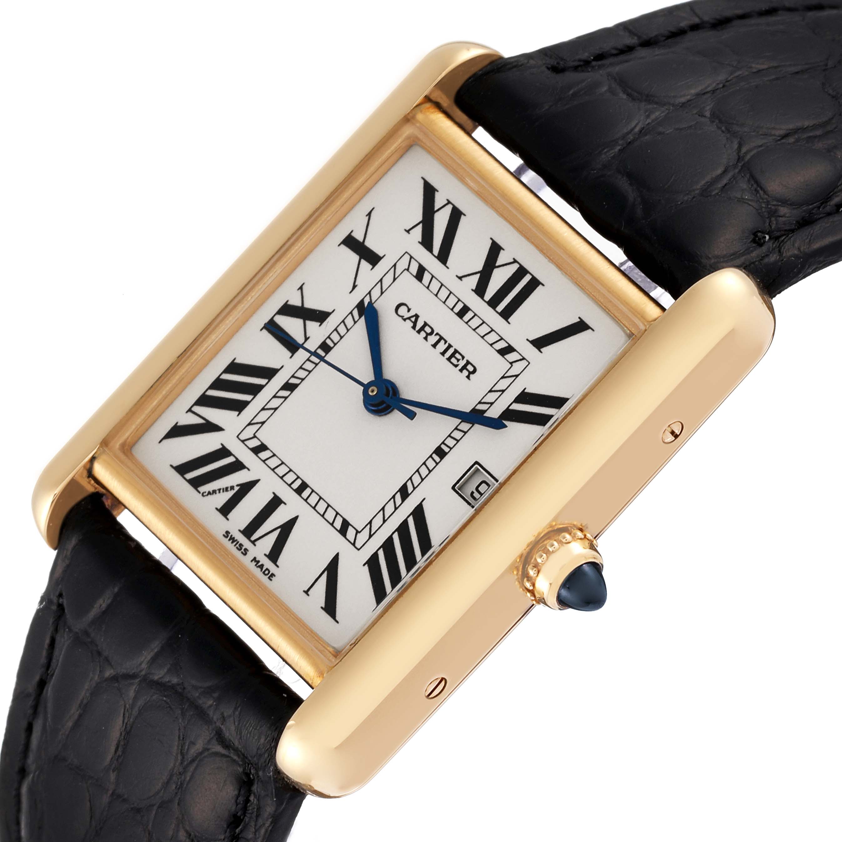 The image shows a Cartier Tank Louis W1529756 Men's Yellow Gold Silver Dial W1529756 Men's Yellow Gold Silver Dial watch at an angled top view, highlighting the face, bezel, crown, and strap. 