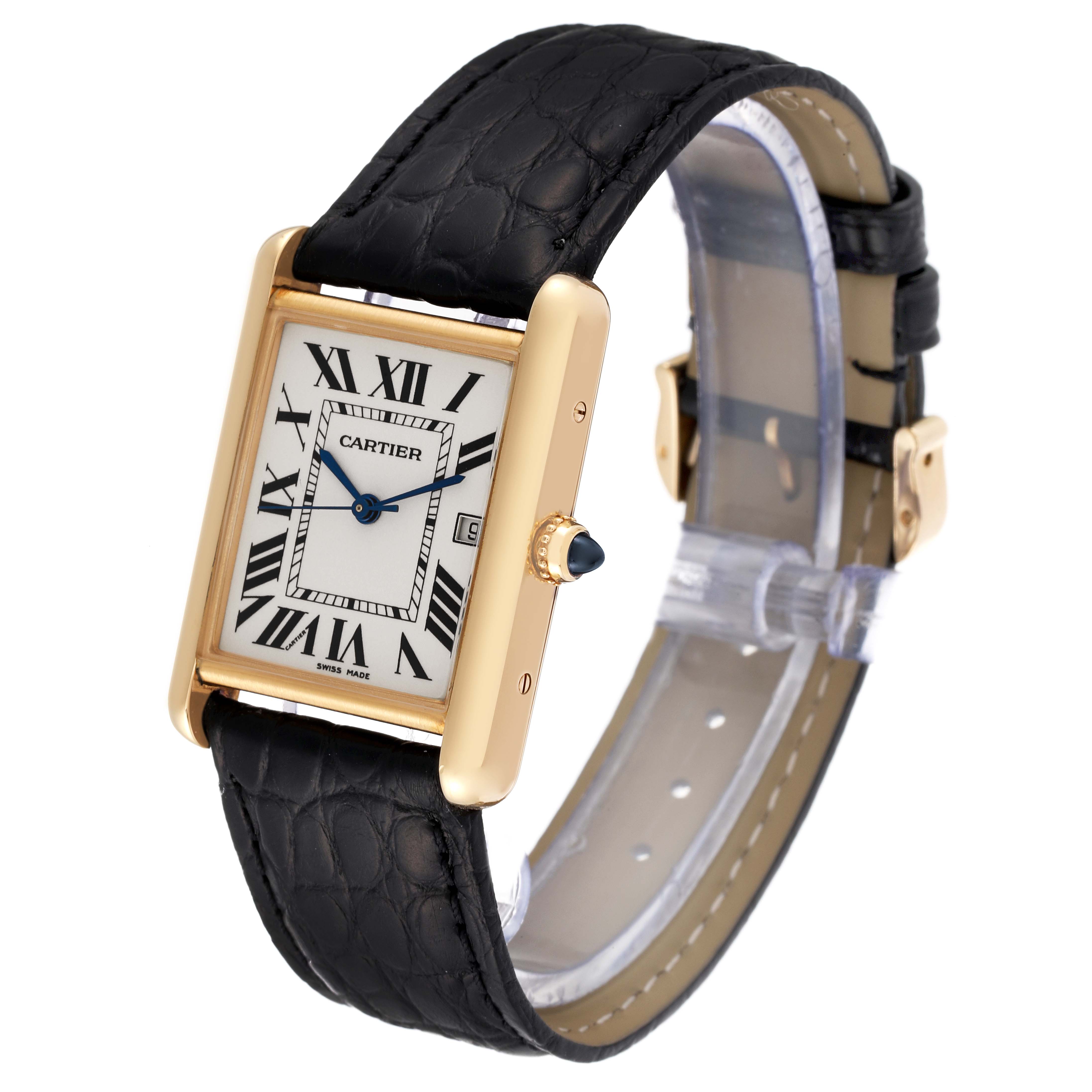 The Tank Louis by Cartier is shown at an angled view, displaying the face, case, crown, and leather strap.