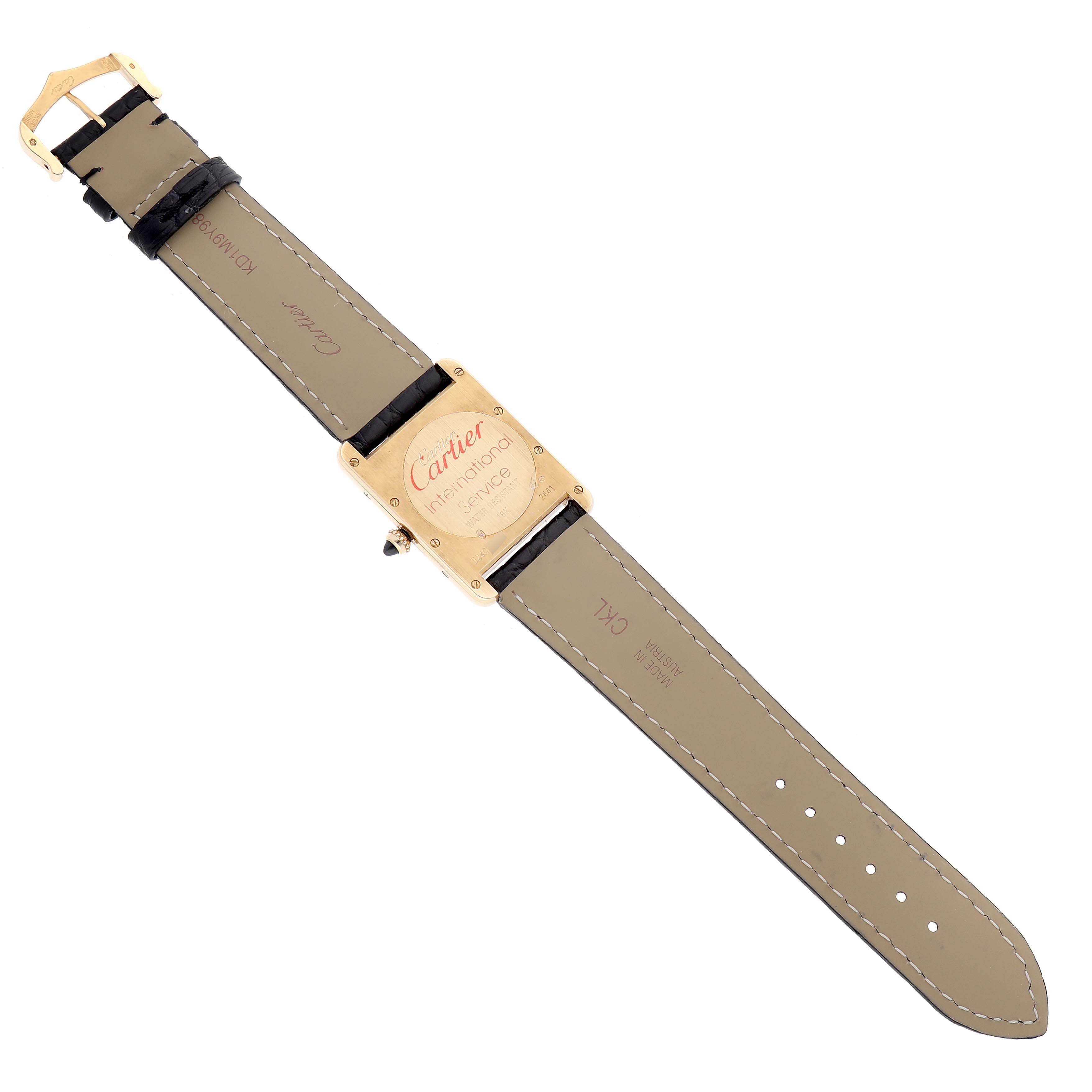 This image shows the back view of a Cartier Tank Louis W1529756 Men's Yellow Gold Silver Dial W1529756 Men's Yellow Gold Silver Dial watch, highlighting its case back and leather strap with a buckle.