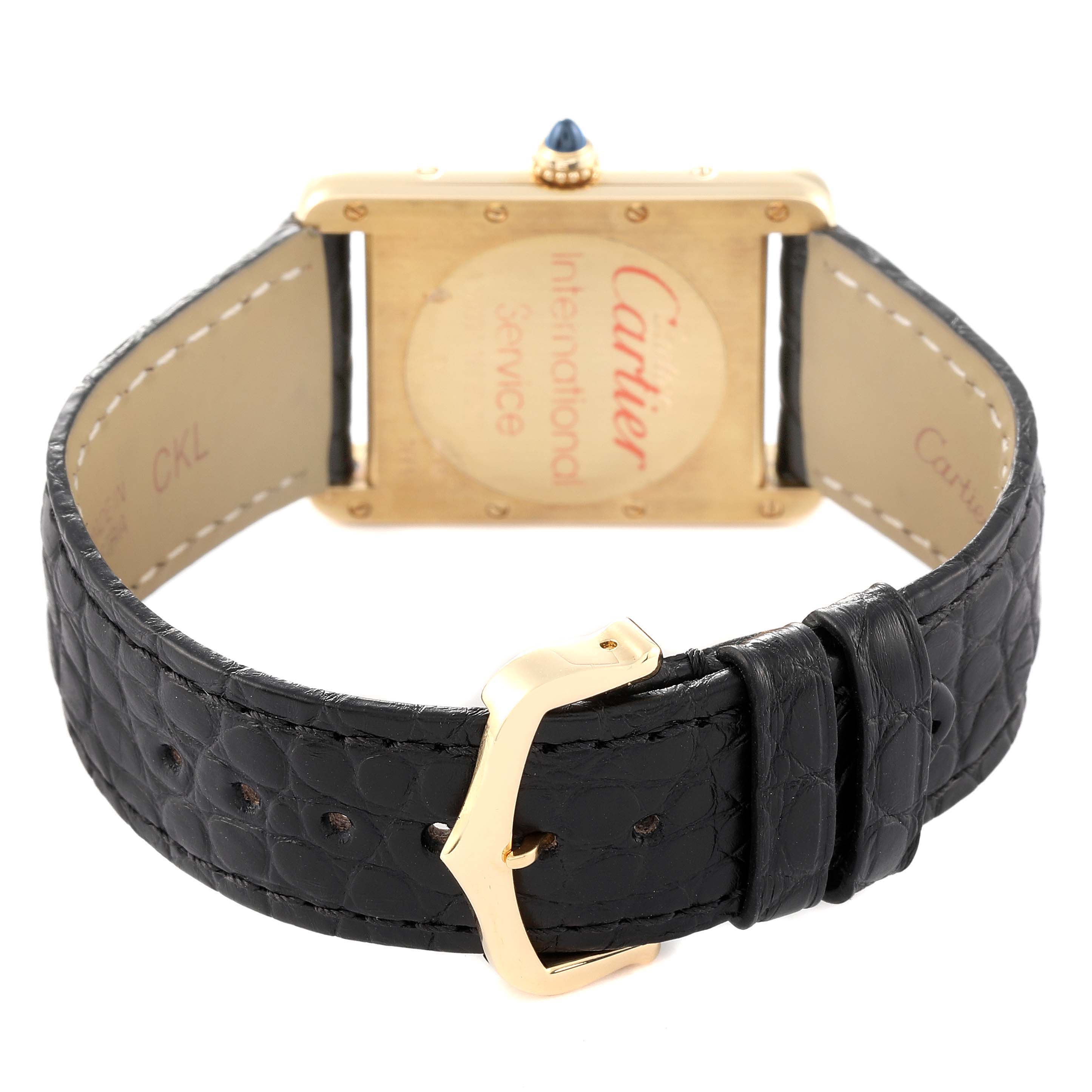 This image shows the back of the Cartier Tank Louis W1529756 Men's Yellow Gold Silver Dial W1529756 Men's Yellow Gold Silver Dial watch, highlighting the strap and clasp details.