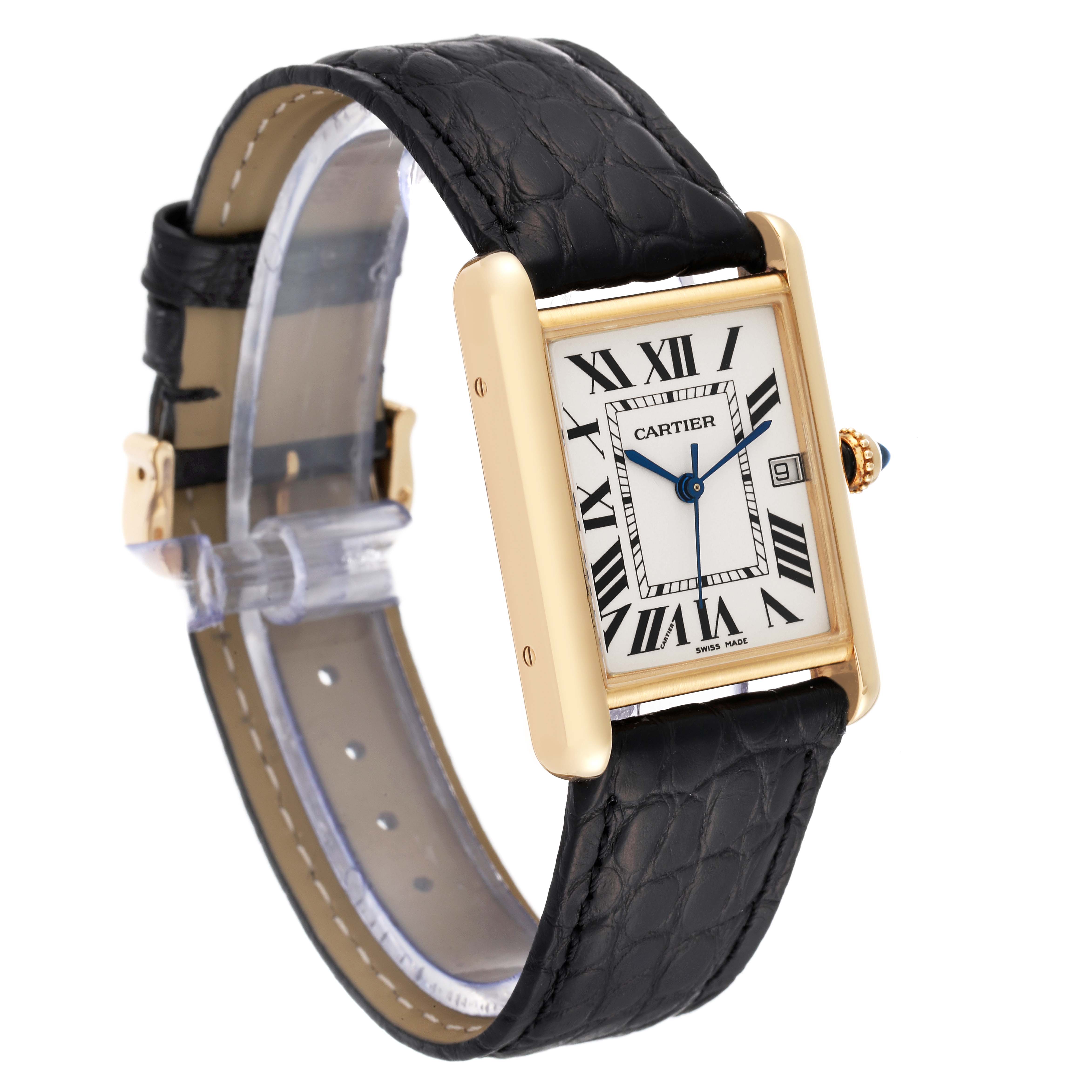 The image shows a Tank Louis watch by Cartier at an angled view displaying the face, bezel, and leather strap.