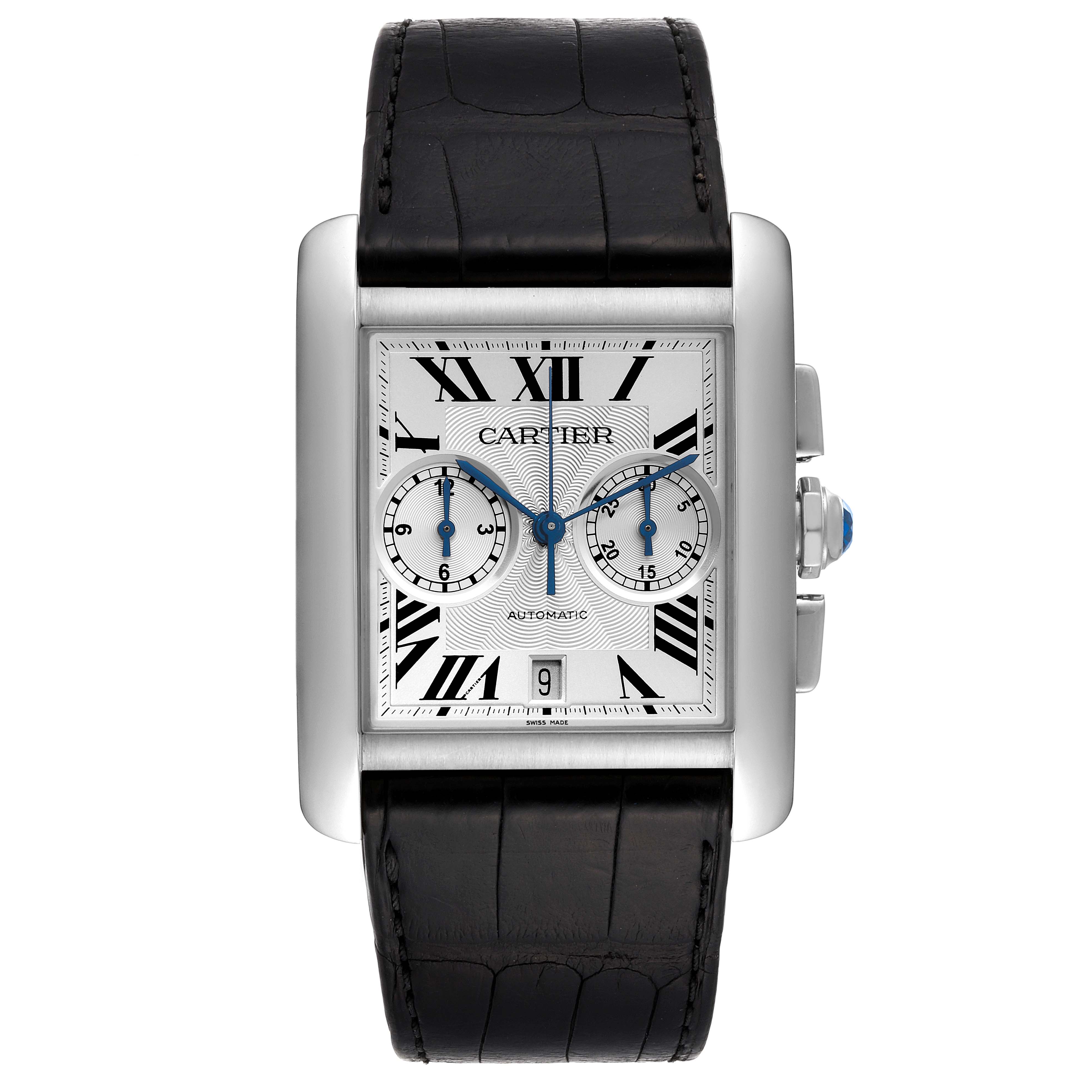 This image shows a front view of the Cartier Tank MC W5330007 Men's Stainless Steel Silver Dial W5330007 Men's Stainless Steel Silver Dial watch including the dial, watch case, crown, and leather strap.