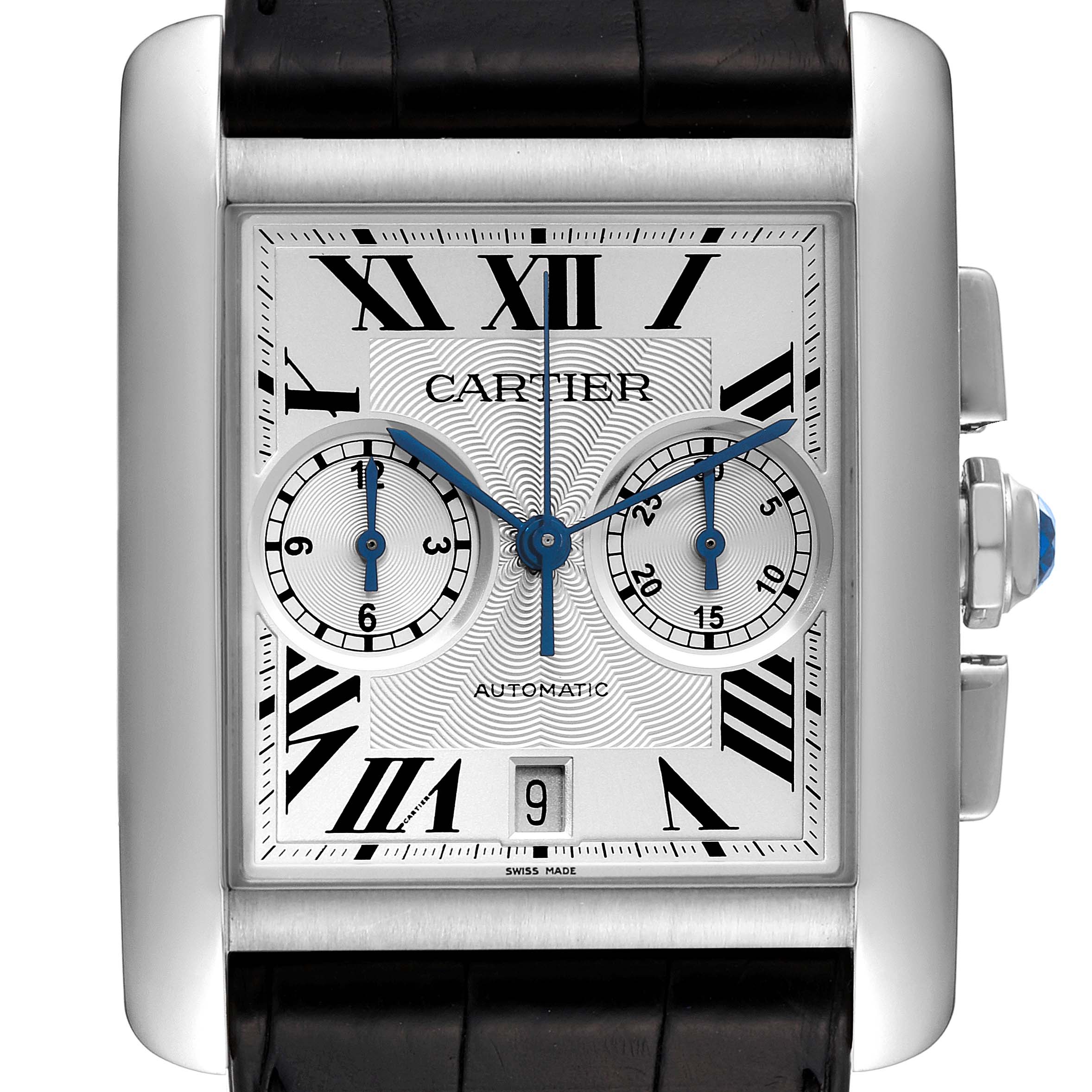 The image shows a close-up front view of a Cartier Tank MC W5330007 Men's Stainless Steel Silver Dial W5330007 Men's Stainless Steel Silver Dial watch, highlighting its rectangular face and chronograph dials.