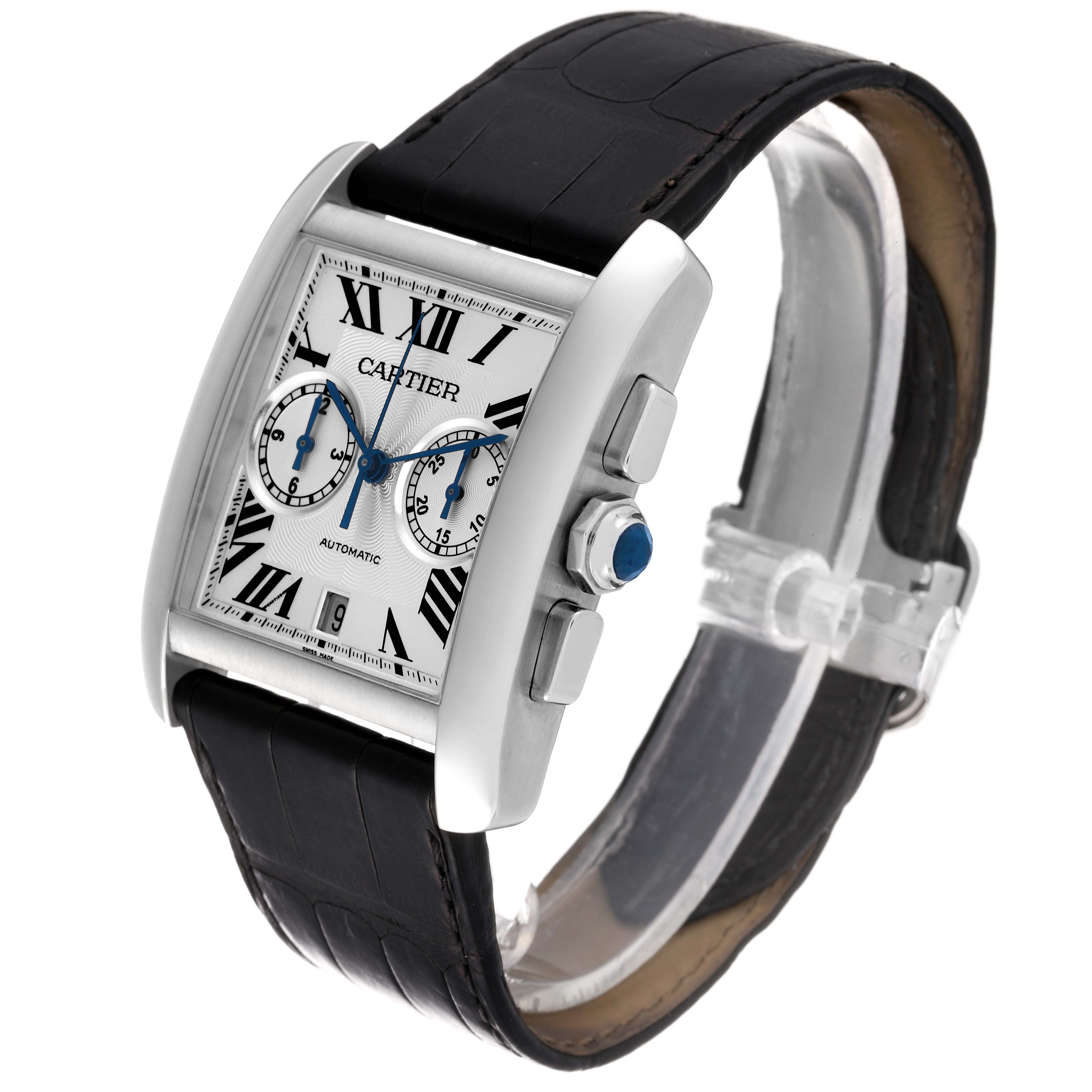 The image shows a Cartier Tank MC W5330007 Men's Stainless Steel Silver Dial W5330007 Men's Stainless Steel Silver Dial watch at a three-quarter angle, highlighting the case, dial, crown, and black leather strap.