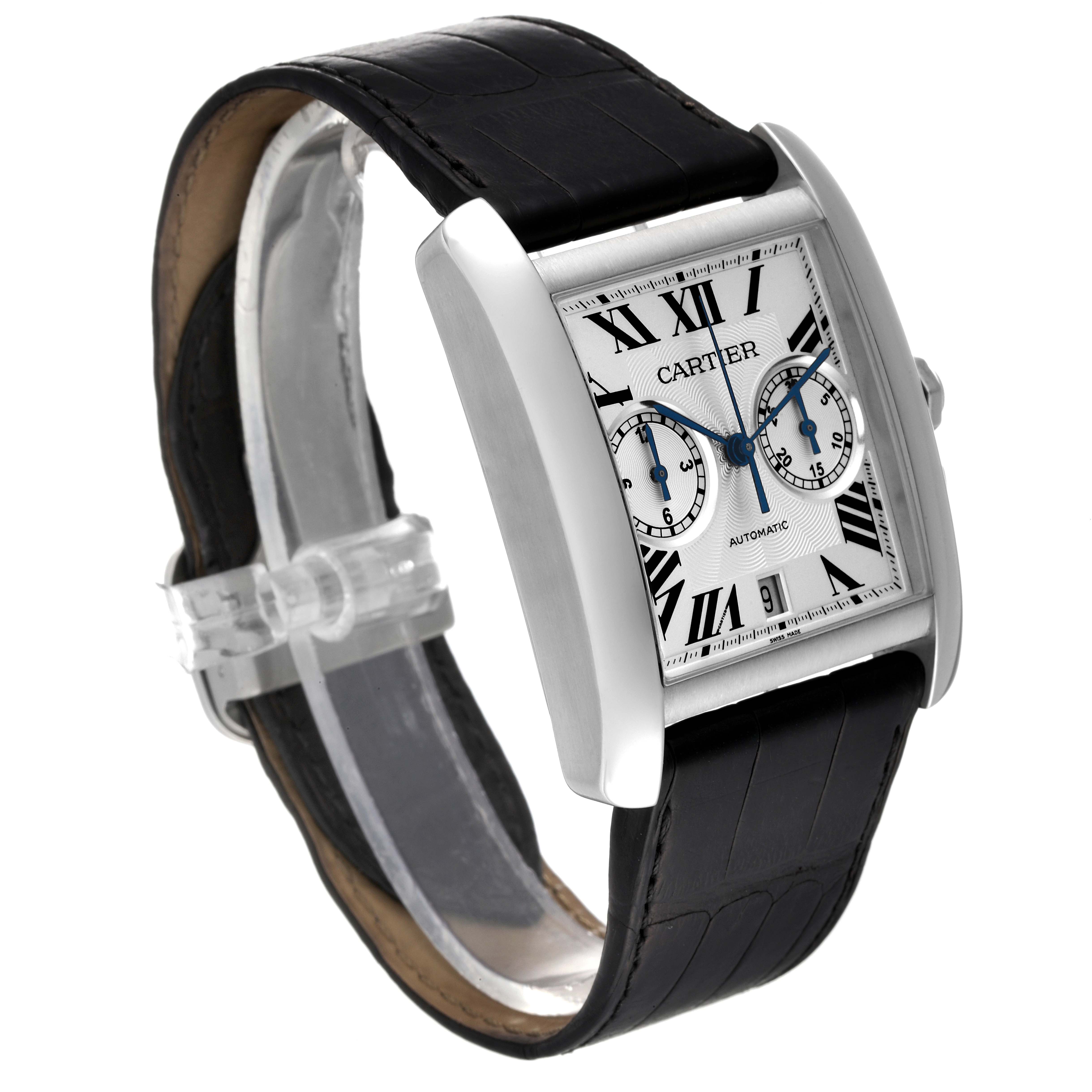 The image shows a Cartier Tank MC W5330007 Men's Stainless Steel Silver Dial W5330007 Men's Stainless Steel Silver Dial watch at a three-quarter angle, highlighting its face, case, and black leather strap.