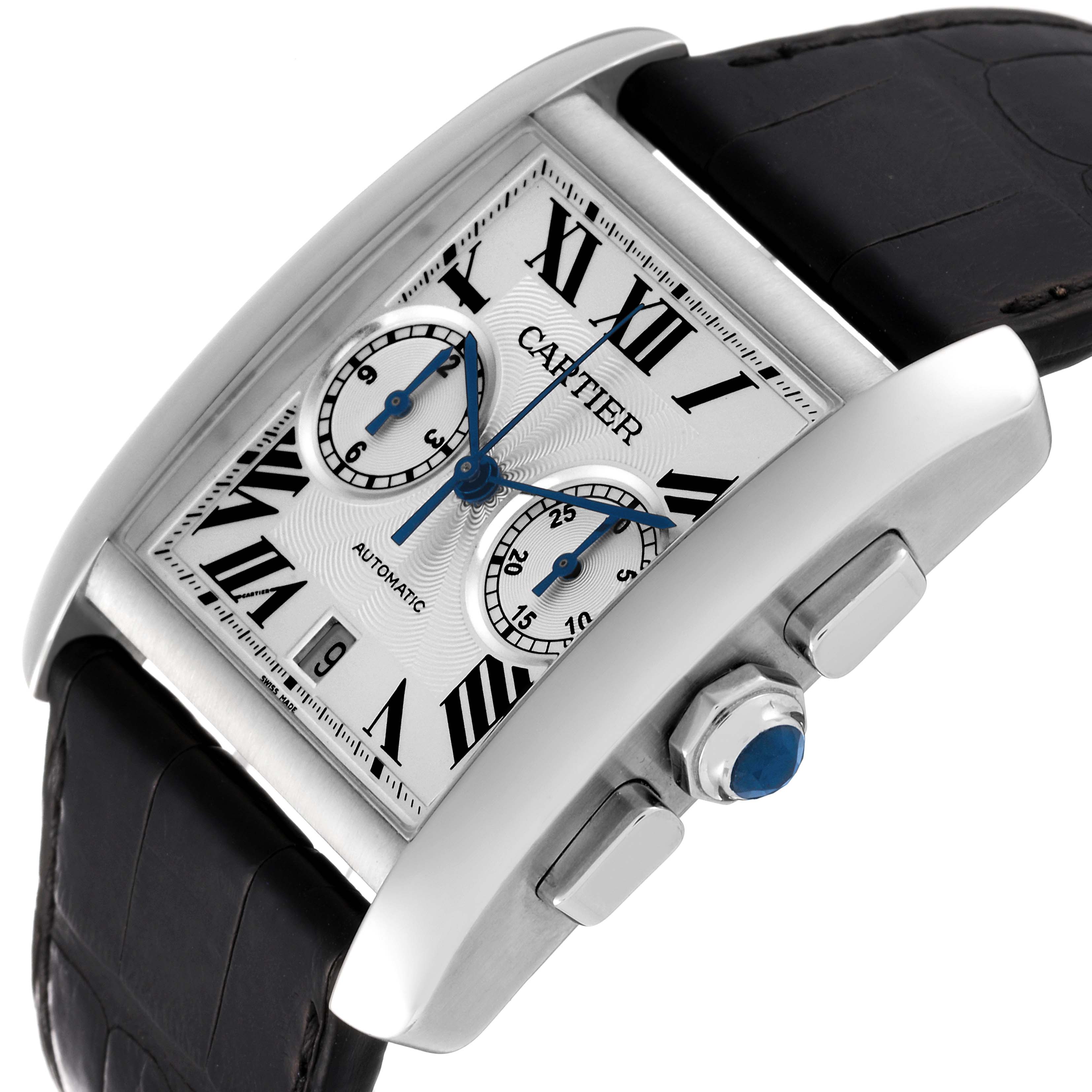 The image shows a Cartier Tank MC W5330007 Men's Stainless Steel Silver Dial W5330007 Men's Stainless Steel Silver Dial watch at an angled side view, highlighting its dial, crown, and part of the leather strap.