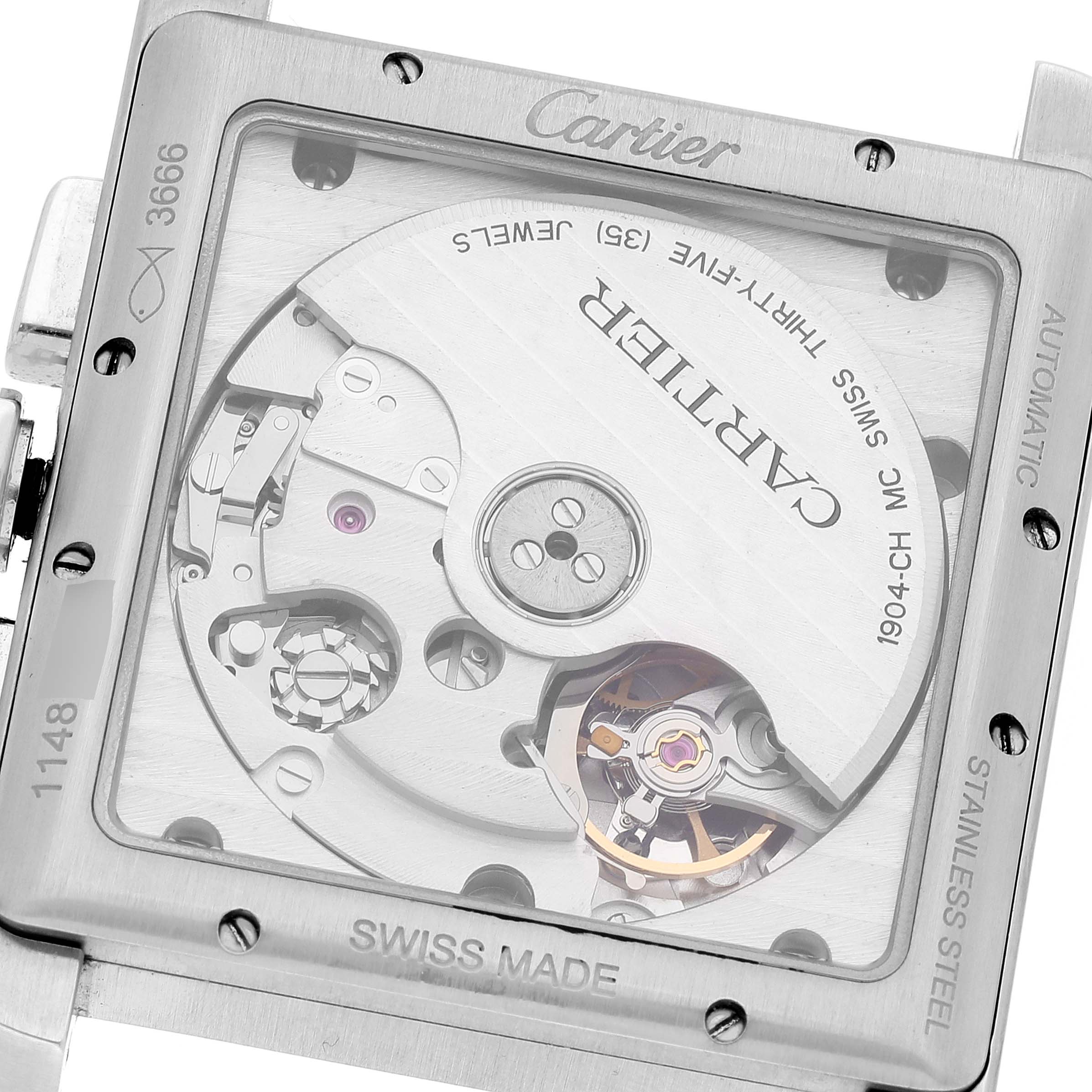 This image shows the back view of the Cartier Tank MC W5330007 Men's Stainless Steel Silver Dial W5330007 Men's Stainless Steel Silver Dial watch, highlighting its automatic movement and internal mechanism.