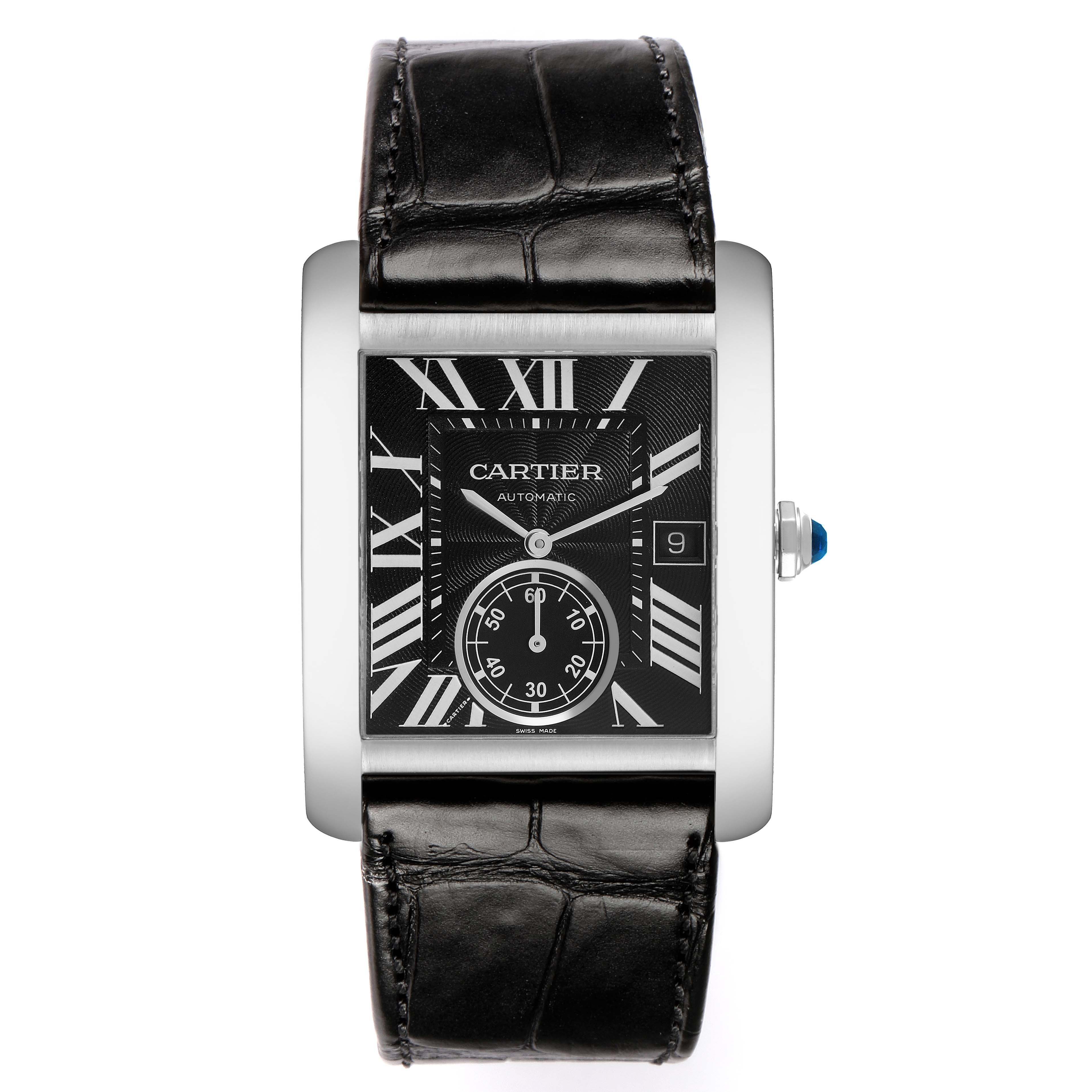 The Cartier Tank MC W5330004 Men's Stainless Steel Black Dial watch is shown from a front view, displaying its rectangular face, Roman numeral dial, subdial, and leather strap.