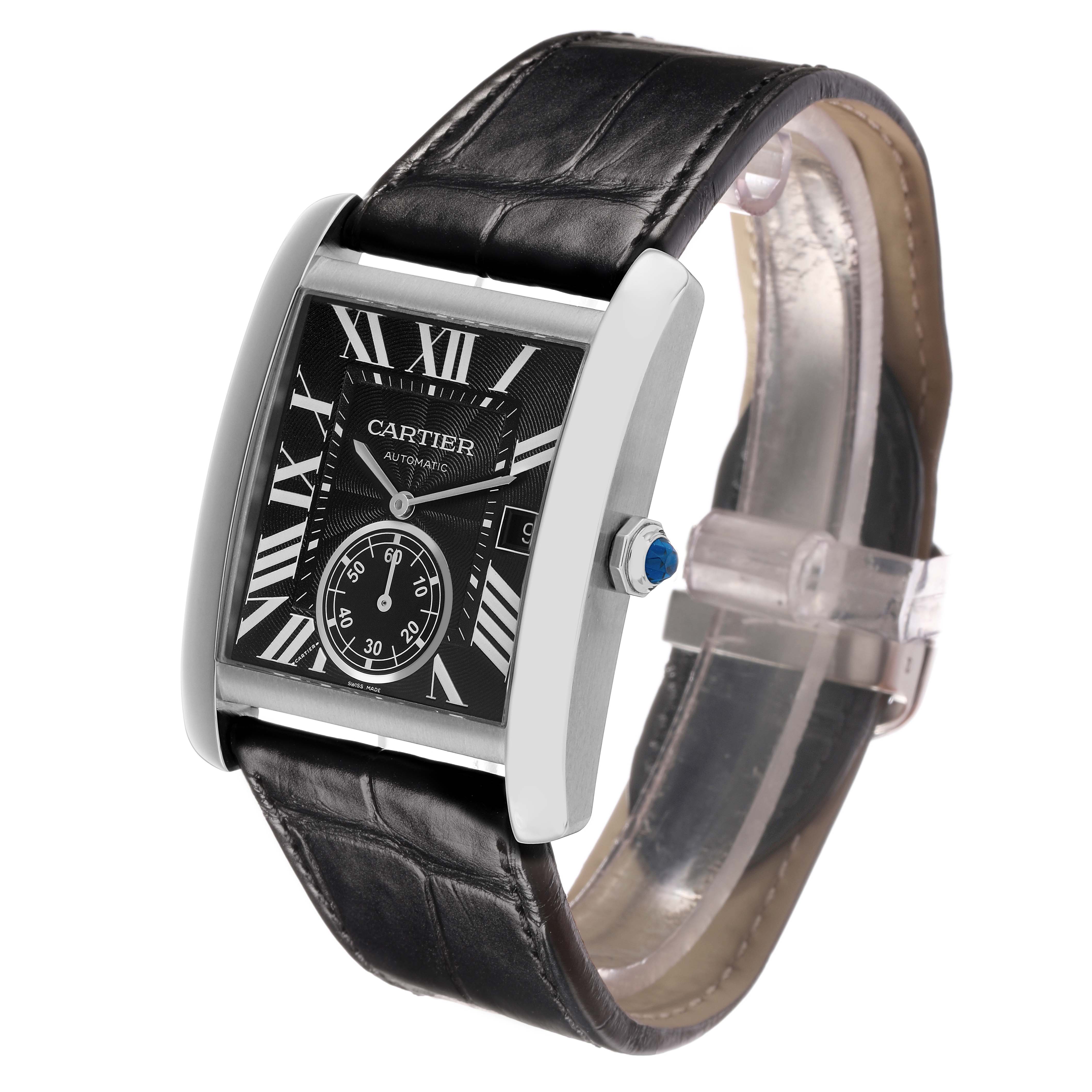 The Cartier Tank MC W5330004 Men's Stainless Steel Black Dial watch is shown at a three-quarter angle, displaying the face, case, crown, and leather band.