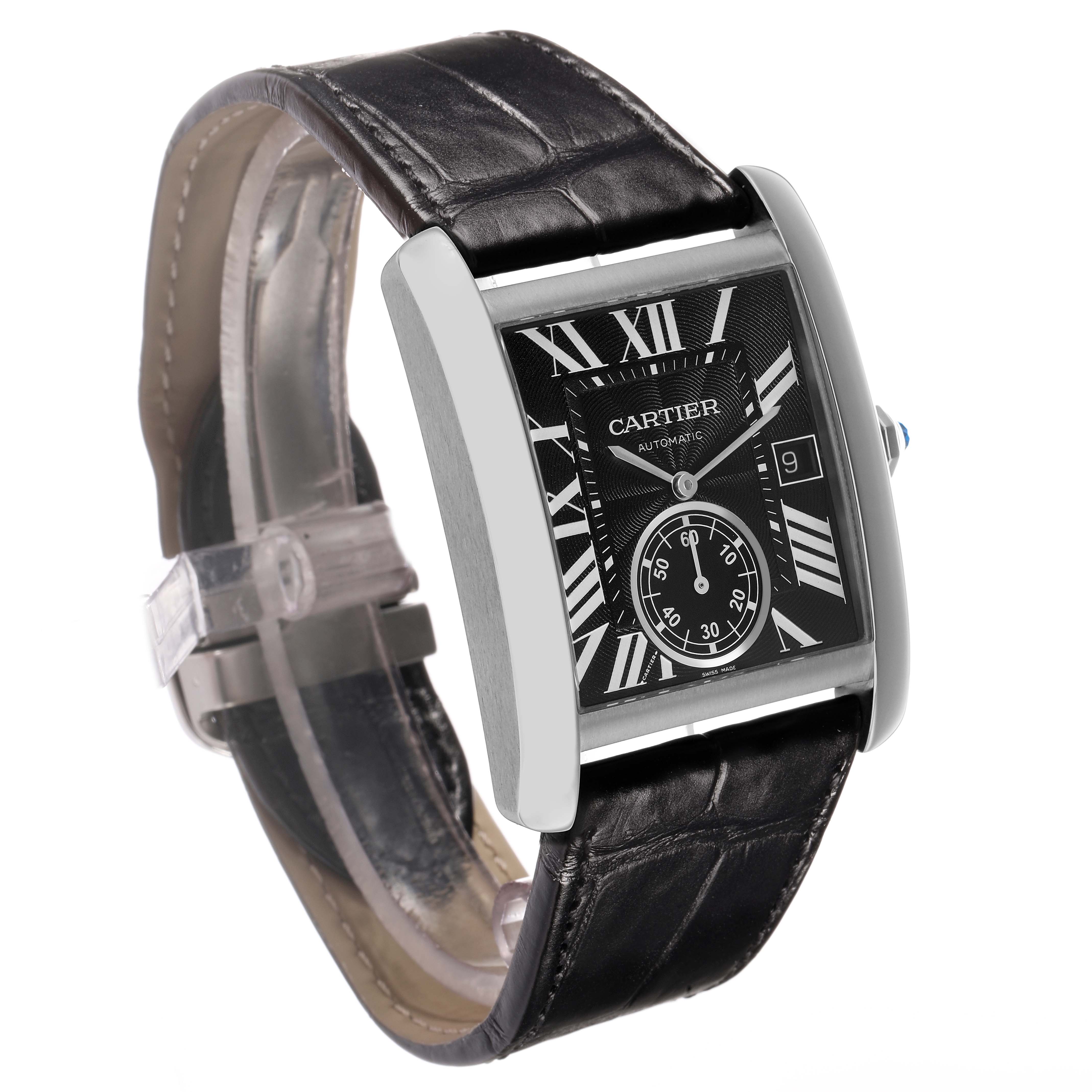 The Cartier Tank MC W5330004 Men's Stainless Steel Black Dial watch is shown at an angle displaying the face, case, and partial leather strap.