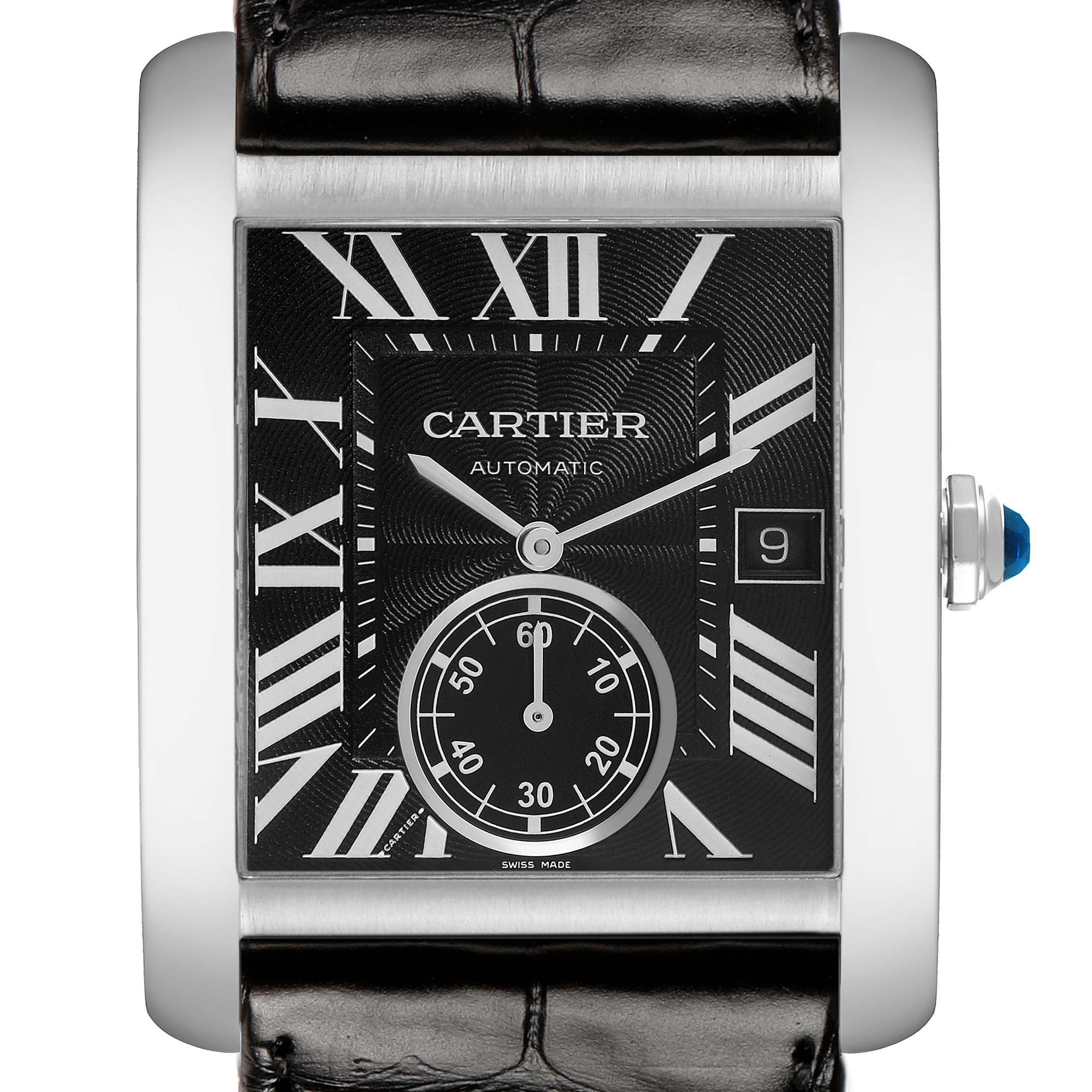The image shows a frontal close-up of the Cartier Tank MC W5330004 Men's Stainless Steel Black Dial watch face, highlighting the dial, Roman numerals, and crown.