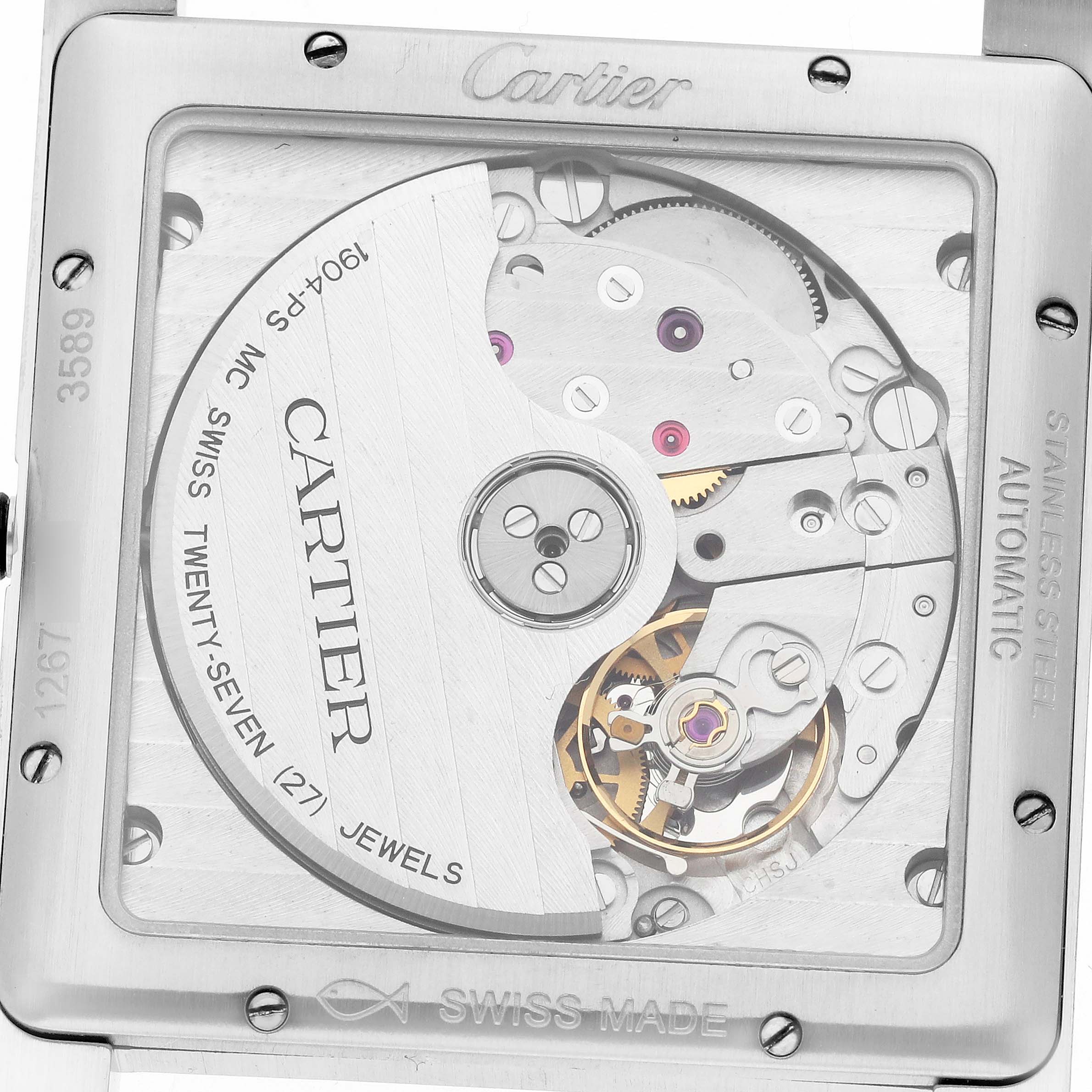 The image shows the back of a Cartier Tank MC W5330004 Men's Stainless Steel Black Dial, featuring its automatic movement and visible components.