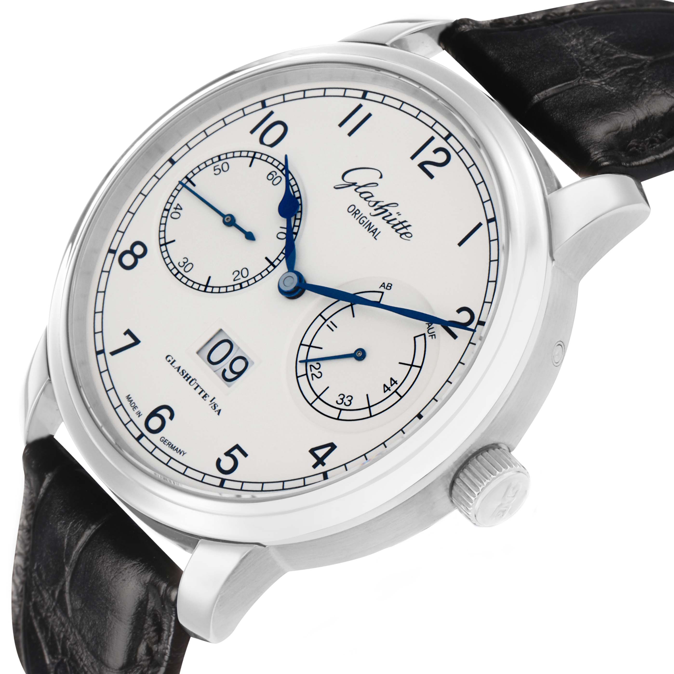 The Glashütte Senator watch is shown at an angled view, displaying its dial, crown, and part of the leather strap.