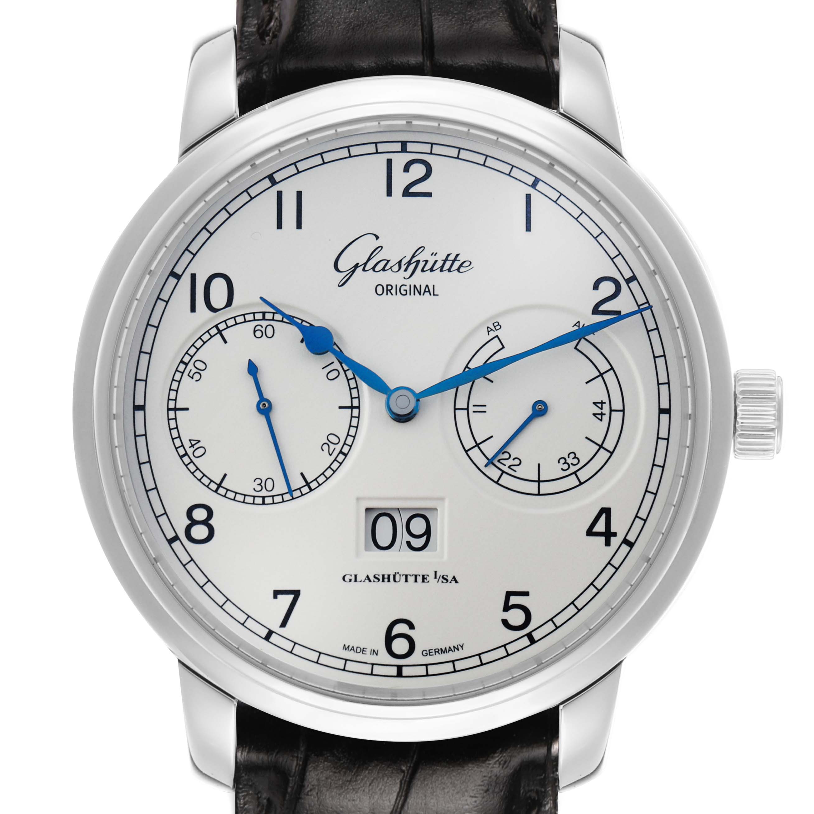 The Glashütte Senator watch is shown front-on, displaying its dial with subdials, date window, and leather strap.