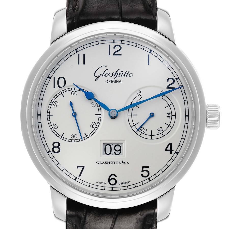 The Glashütte Senator watch is shown front-on, displaying its dial with subdials, date window, and leather strap.
