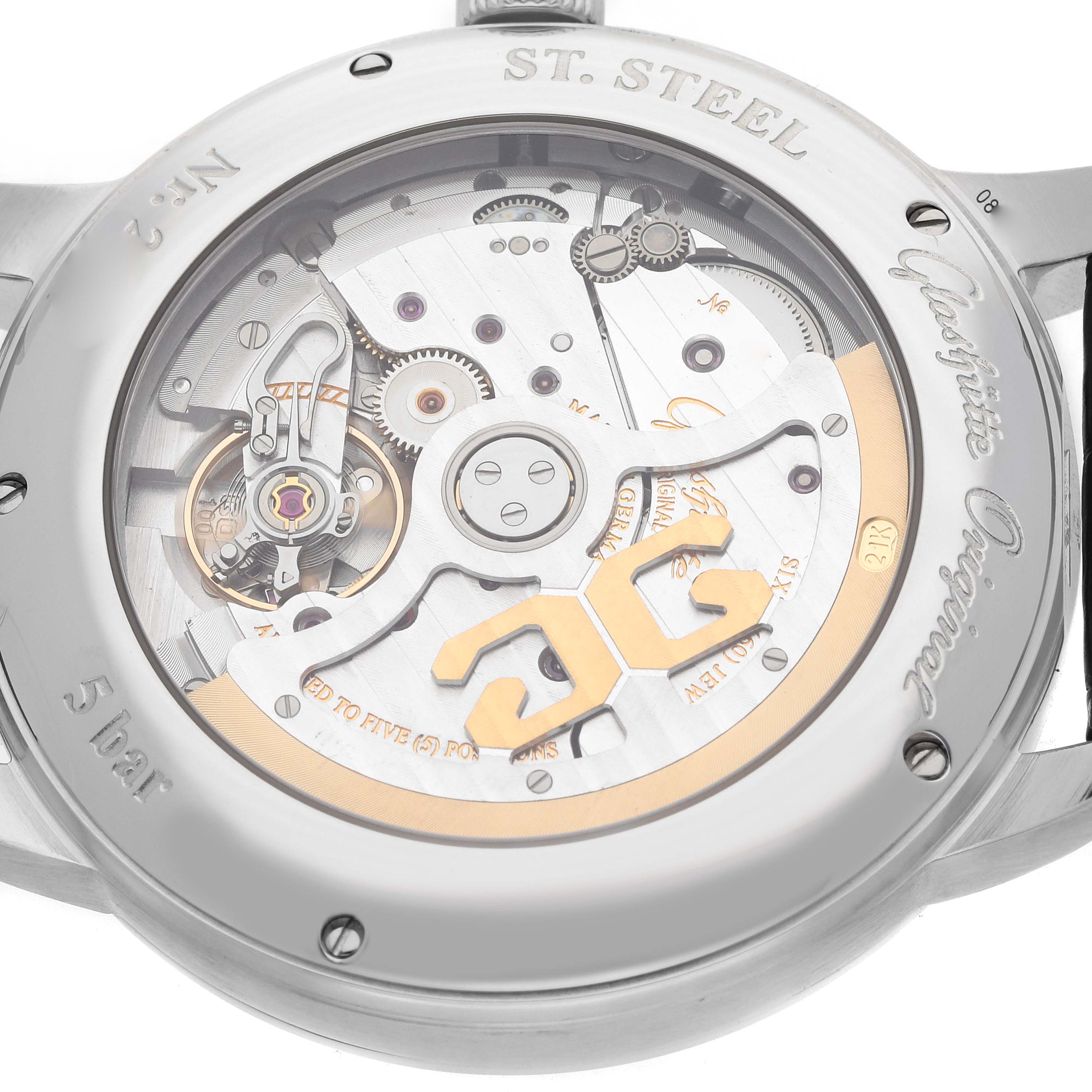 The image shows the exhibition case back of the Glashütte Senator model, highlighting its intricate movement and rotor.