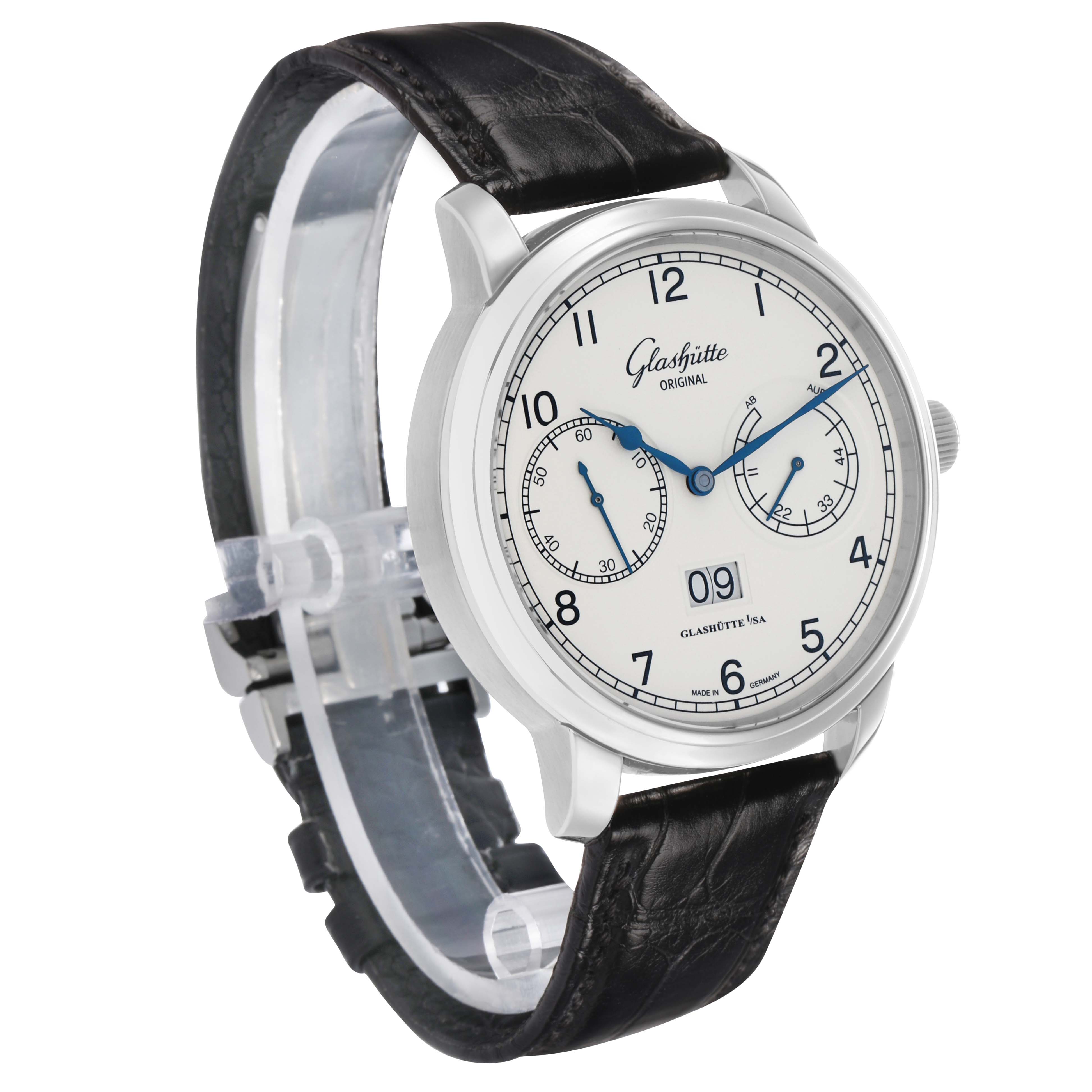 The Glashutte Senator 1-00-14-05-02-04 Men's Stainless Steel Silver Dial watch is shown at a three-quarter angle, displaying its face, dial, and strap.