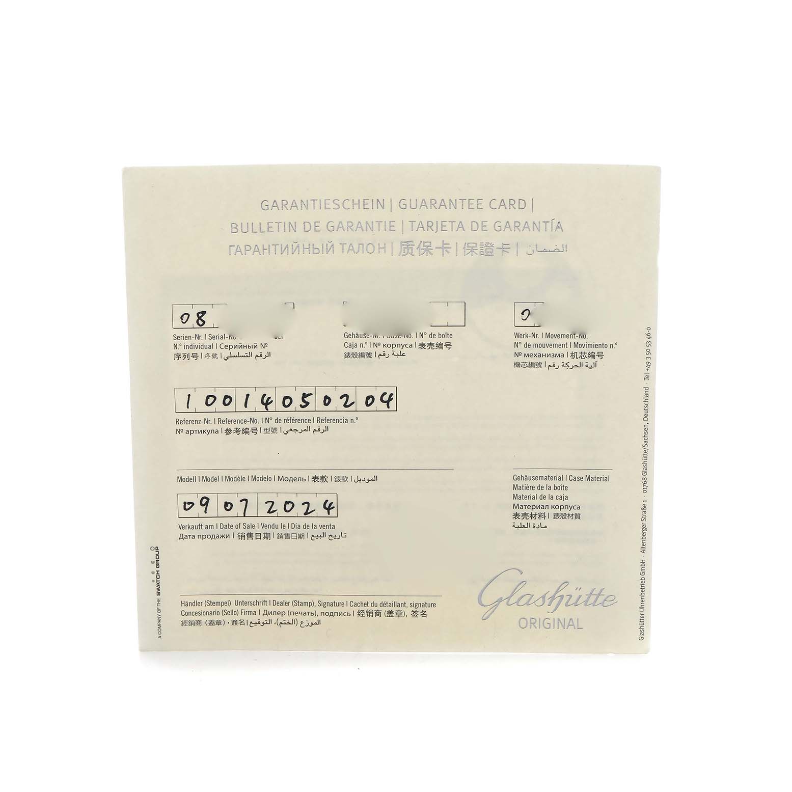 The image shows the guarantee card for the Glashütte Senator watch model, including serial and reference numbers.