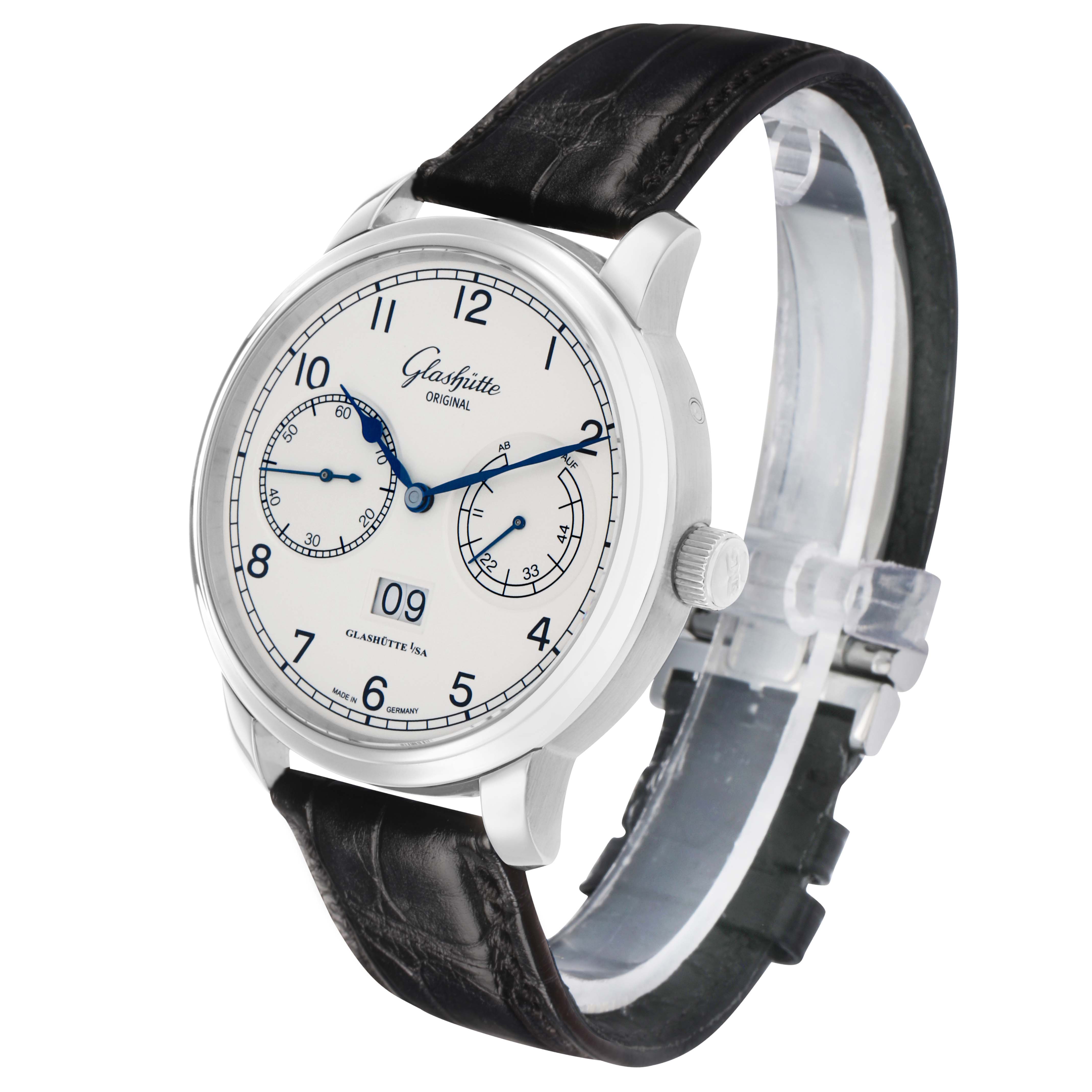 The Glashütte Senator watch is shown at a three-quarter angle, displaying the face, crown, and leather strap.