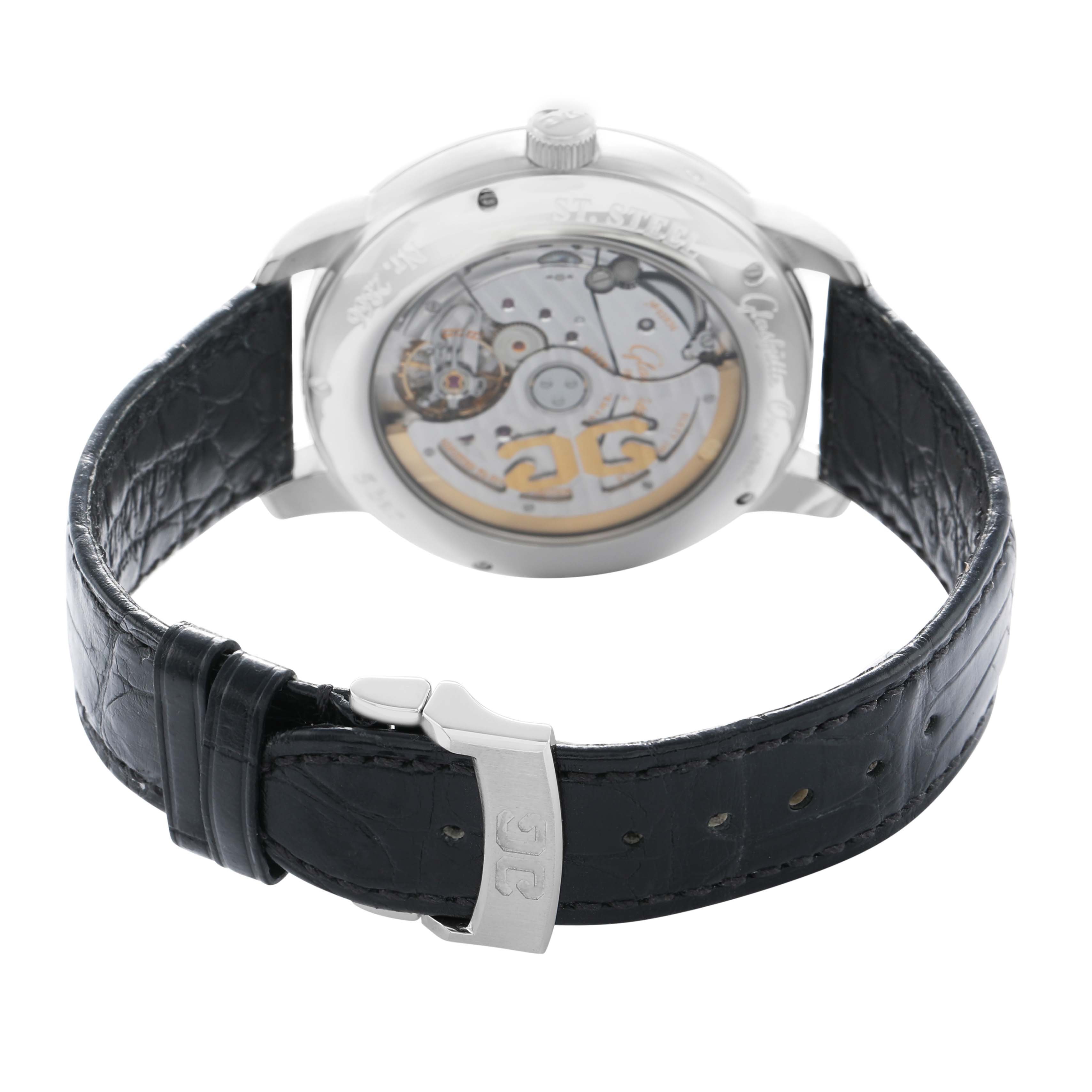 The image shows the back view of the Glashütte Senator watch, highlighting its transparent case back and leather strap.