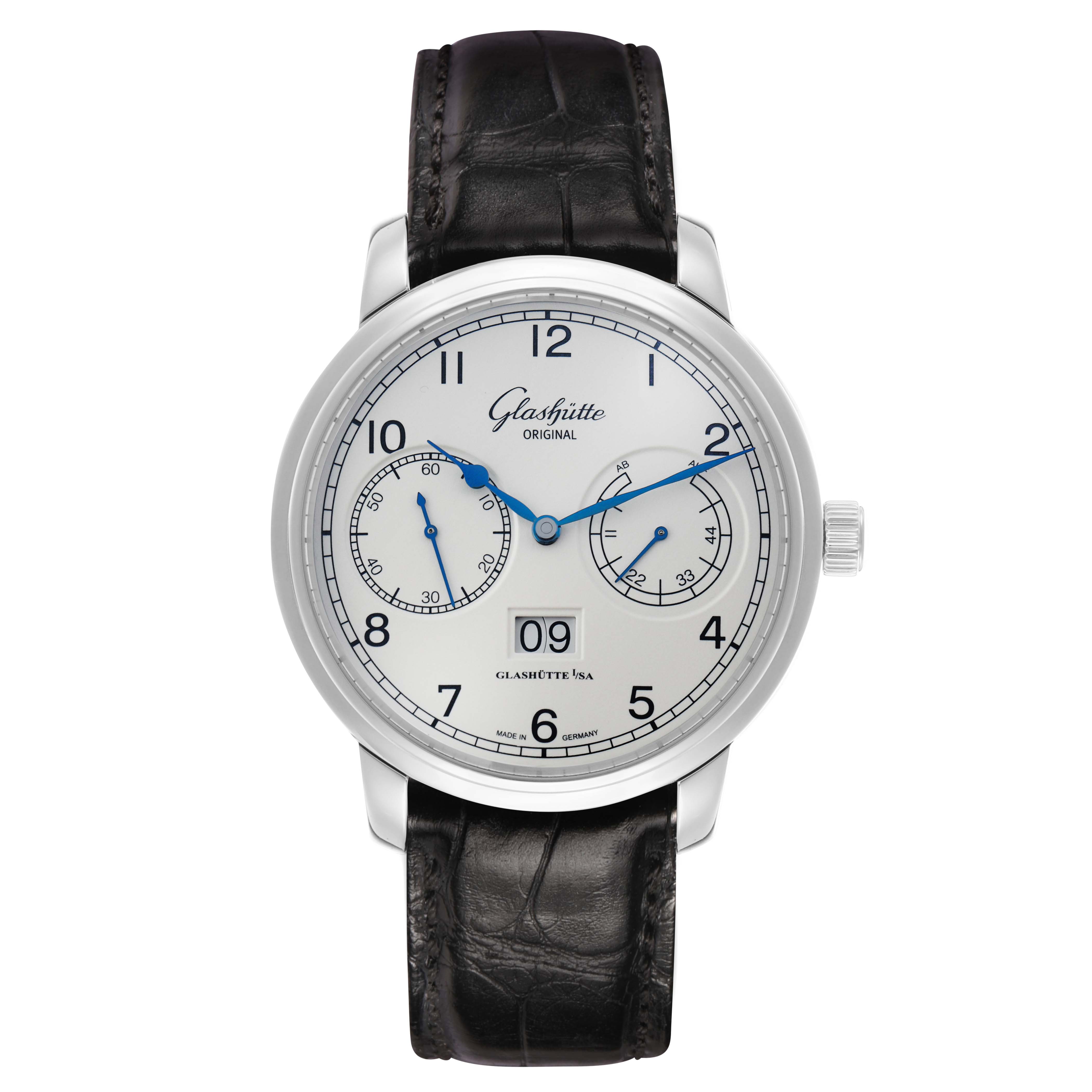 The Glashütte Senator watch is shown from a front angle, displaying the dial, case, and leather strap.