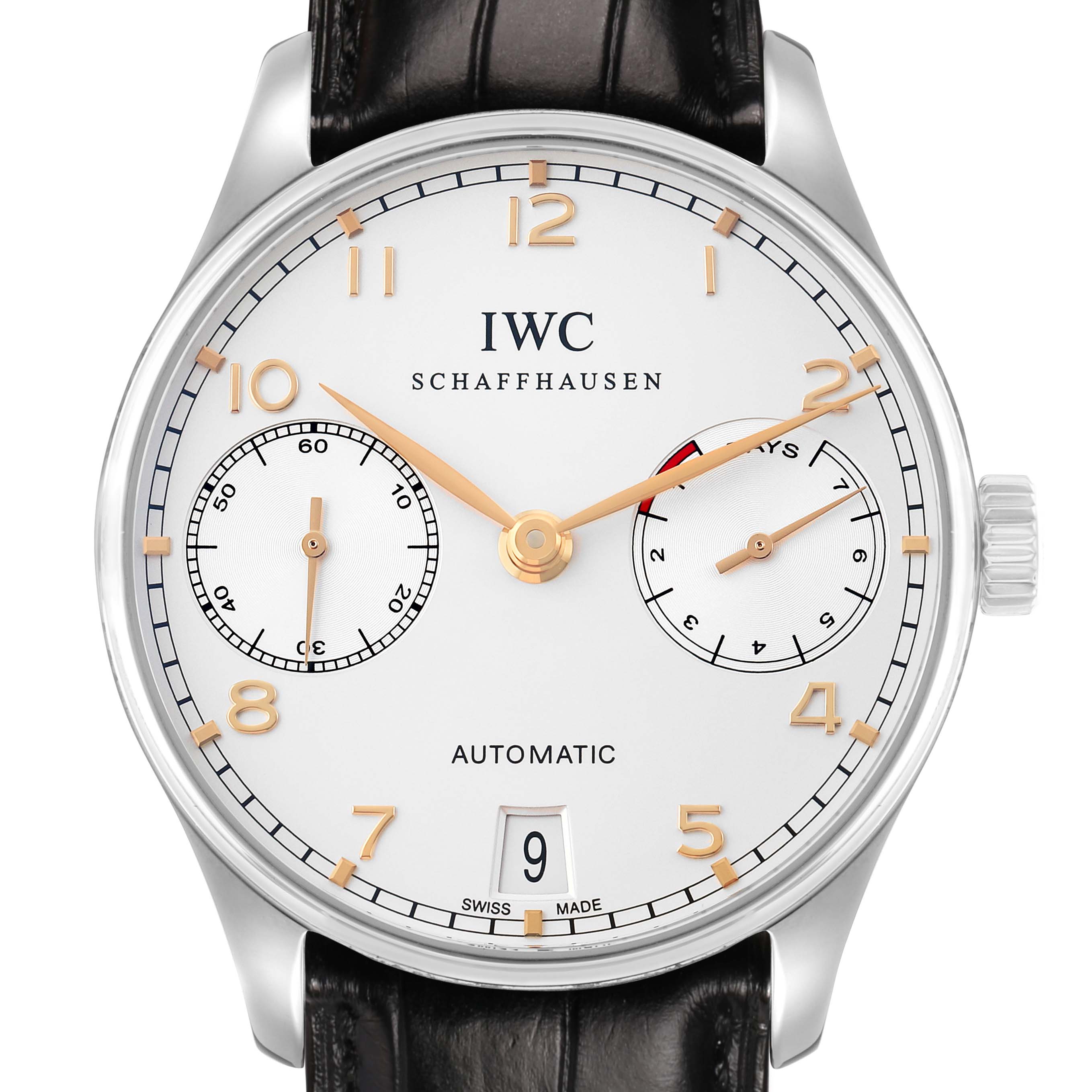 The IWC Portuguese IW500114 Men's Stainless Steel Silver Dial watch is shown from a front view, displaying its dial, hands, subdials, date window, and leather strap.