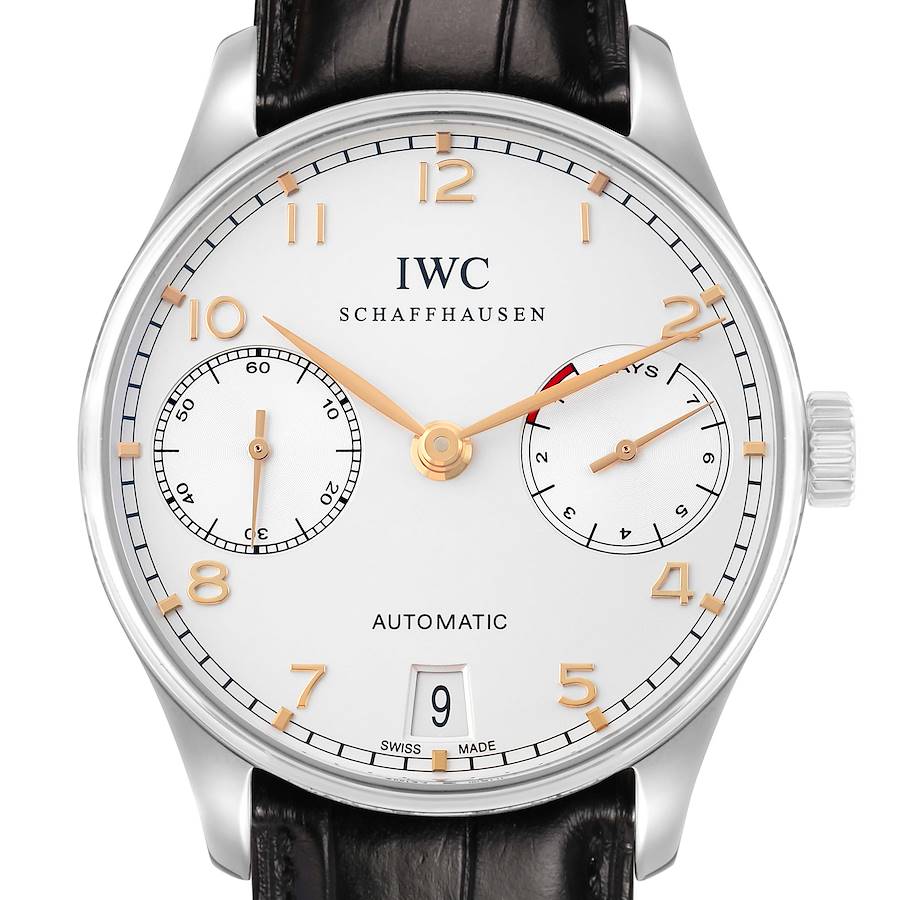The IWC Portuguese IW500114 Men's Stainless Steel Silver Dial watch is shown from a front view, displaying its dial, hands, subdials, date window, and leather strap.