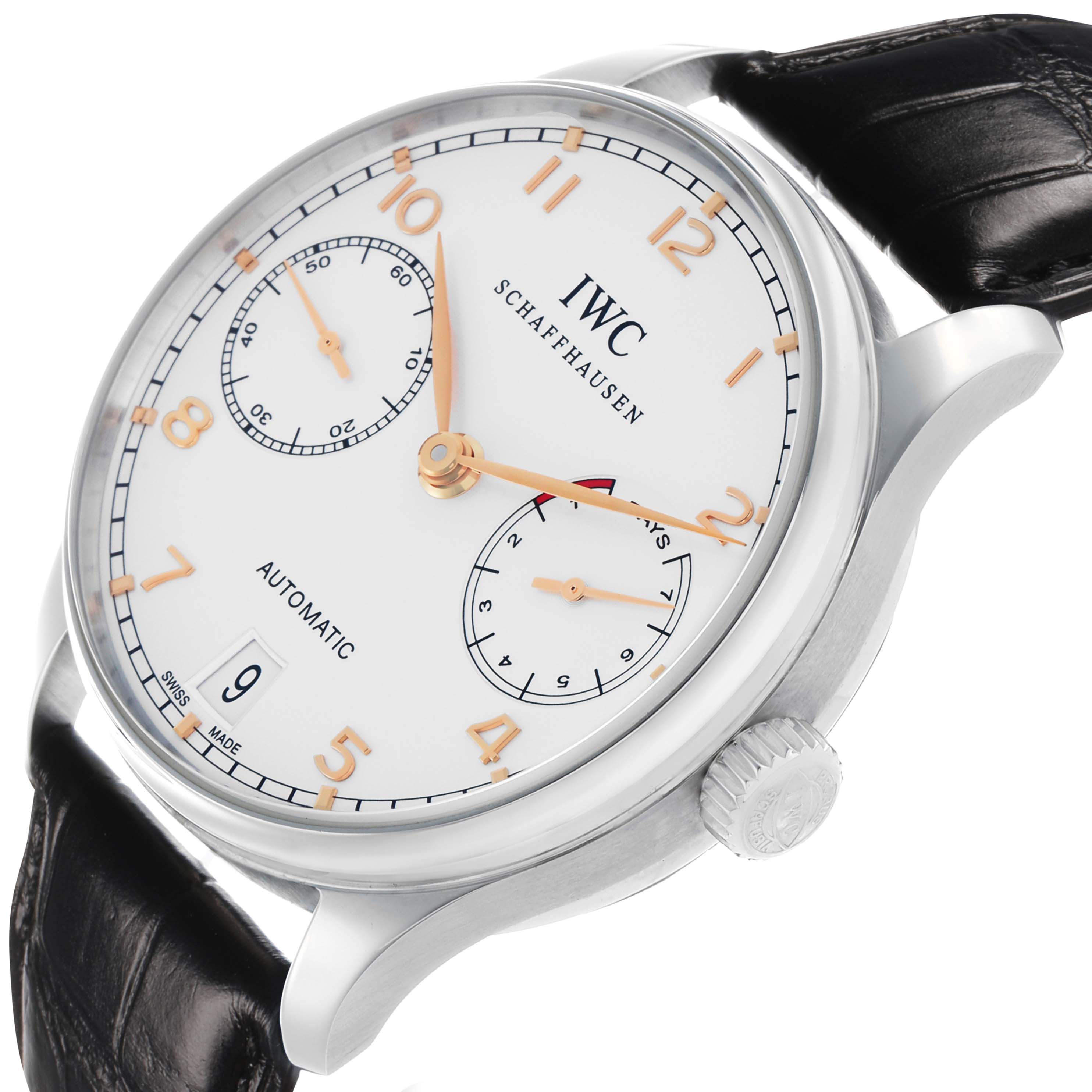 The IWC Portuguese IW500114 Men's Stainless Steel Silver Dial watch is shown at a slight angle highlighting the face, lugs, crown, and black leather strap.