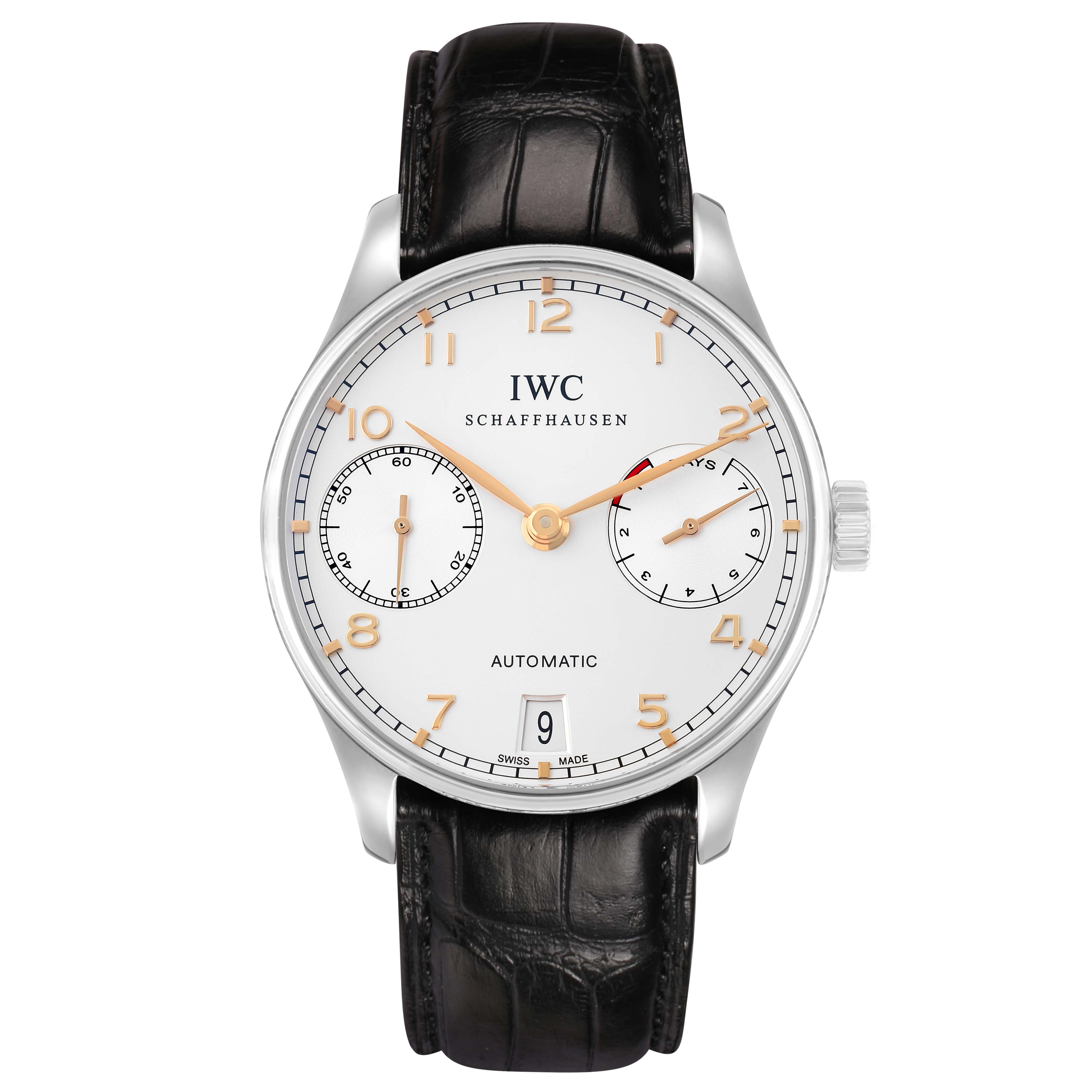 The IWC Portuguese IW500114 Men's Stainless Steel Silver Dial watch is shown from a front angle, displaying its face, hands, crown, and leather strap.