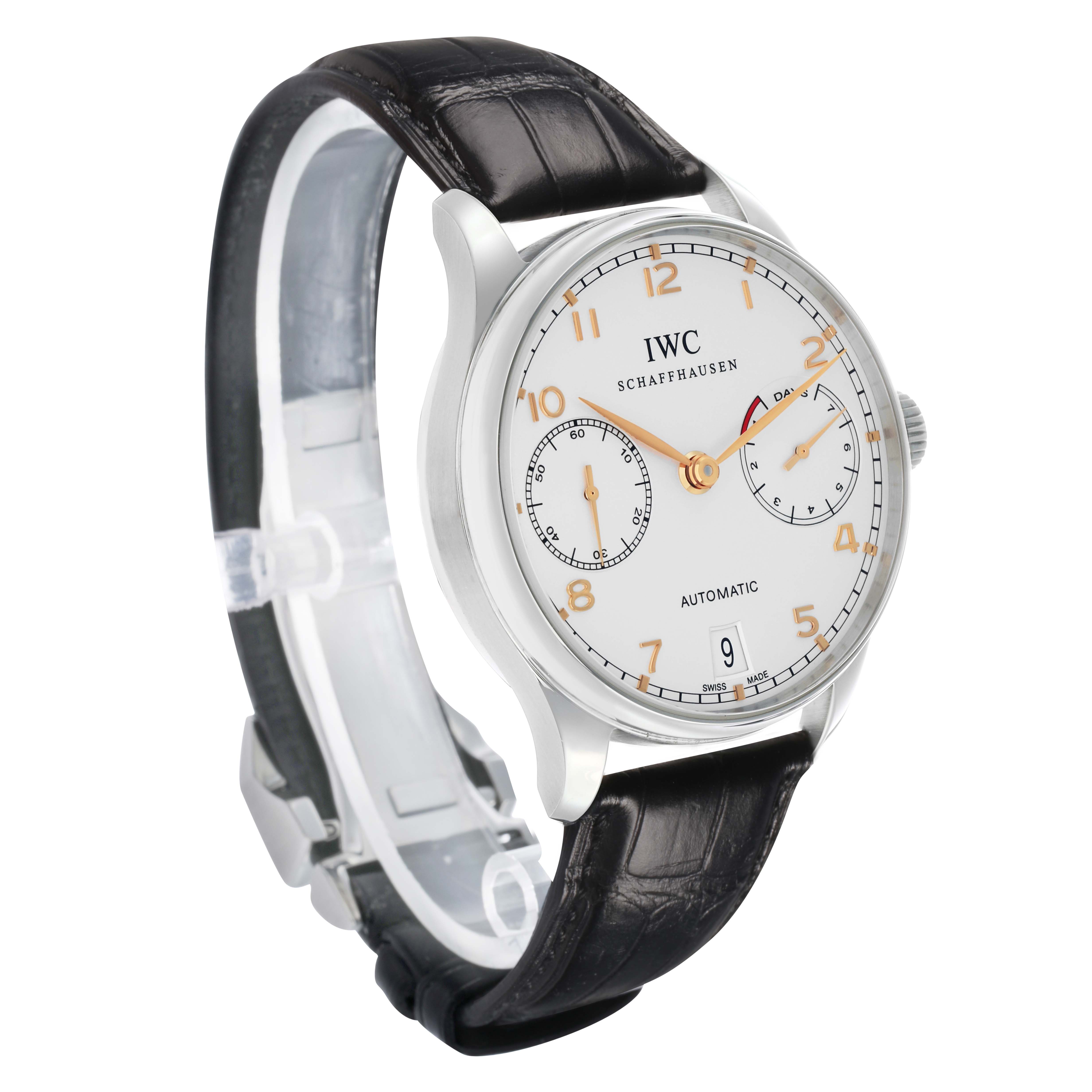 The IWC Portuguese IW500114 Men's Stainless Steel Silver Dial model is shown at a side angle, highlighting the watch face, leather strap, and crown.