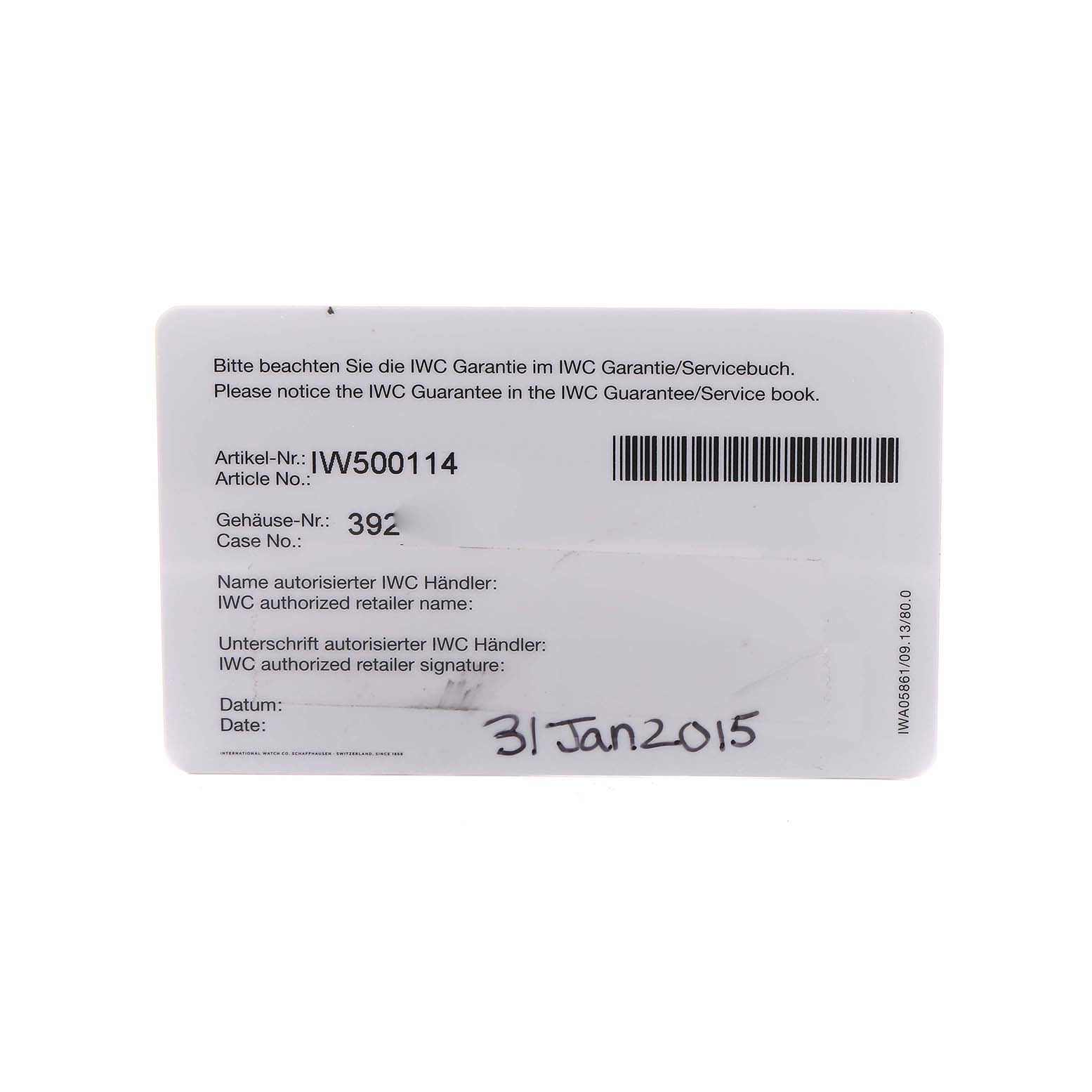 The image shows the warranty card for an IWC Portuguese IW500114 Men's Stainless Steel Silver Dial model, displaying details like article and case numbers.