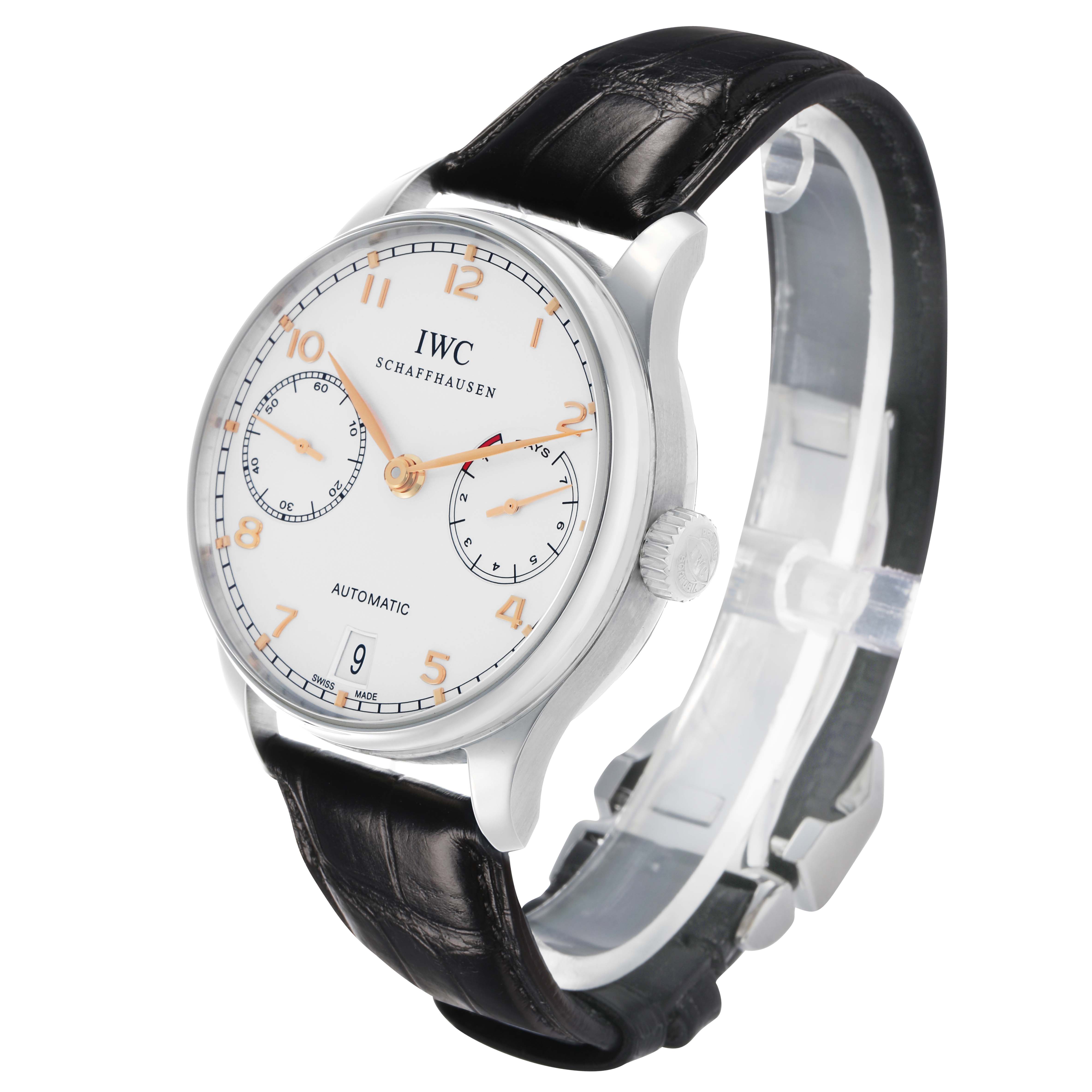 The IWC Portuguese IW500114 Men's Stainless Steel Silver Dial watch is shown from a three-quarter angle, highlighting the face, crown, and leather strap.