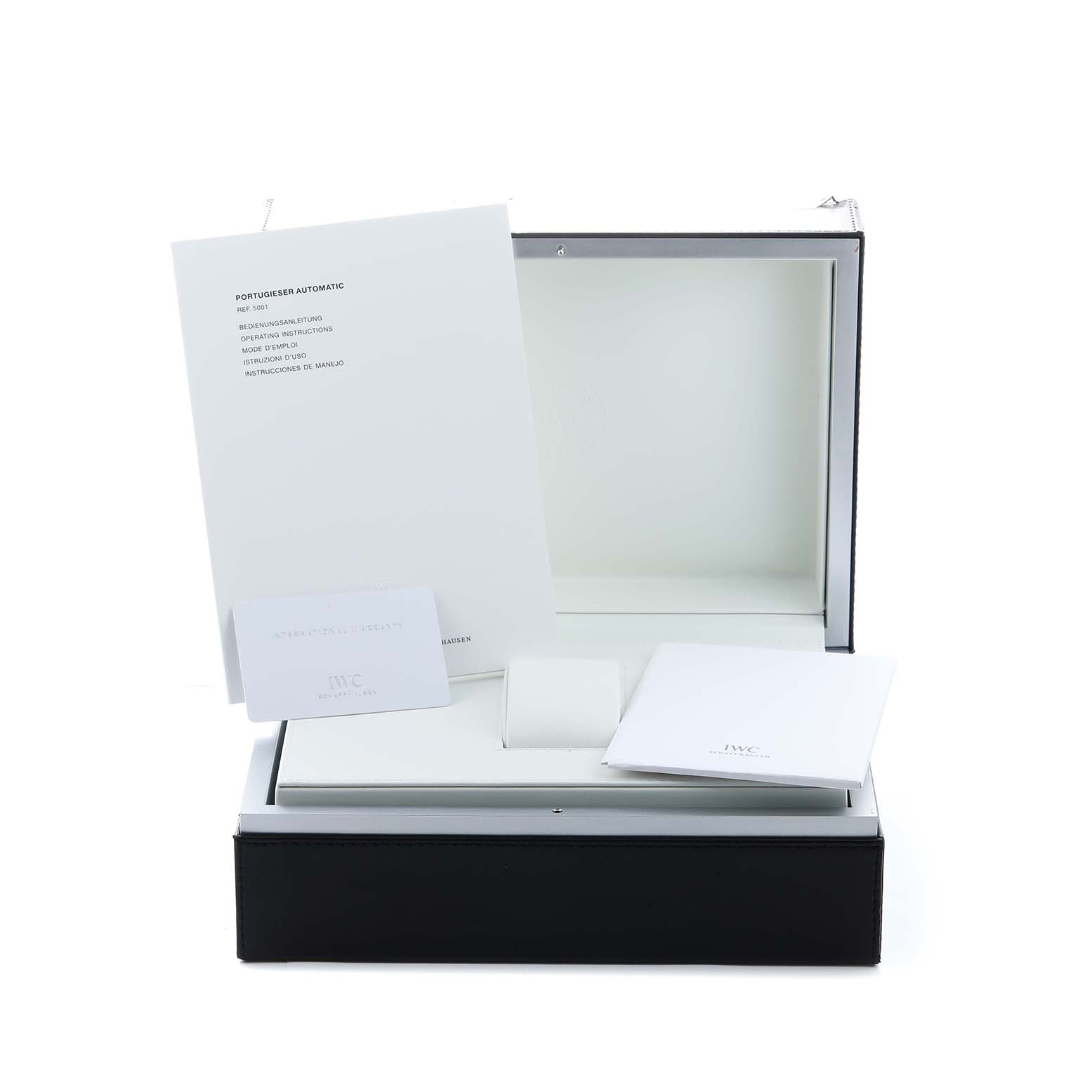 The image shows the packaging and warranty materials for the IWC Portuguese IW500114 Men's Stainless Steel Silver Dial model watch from a frontal angle.