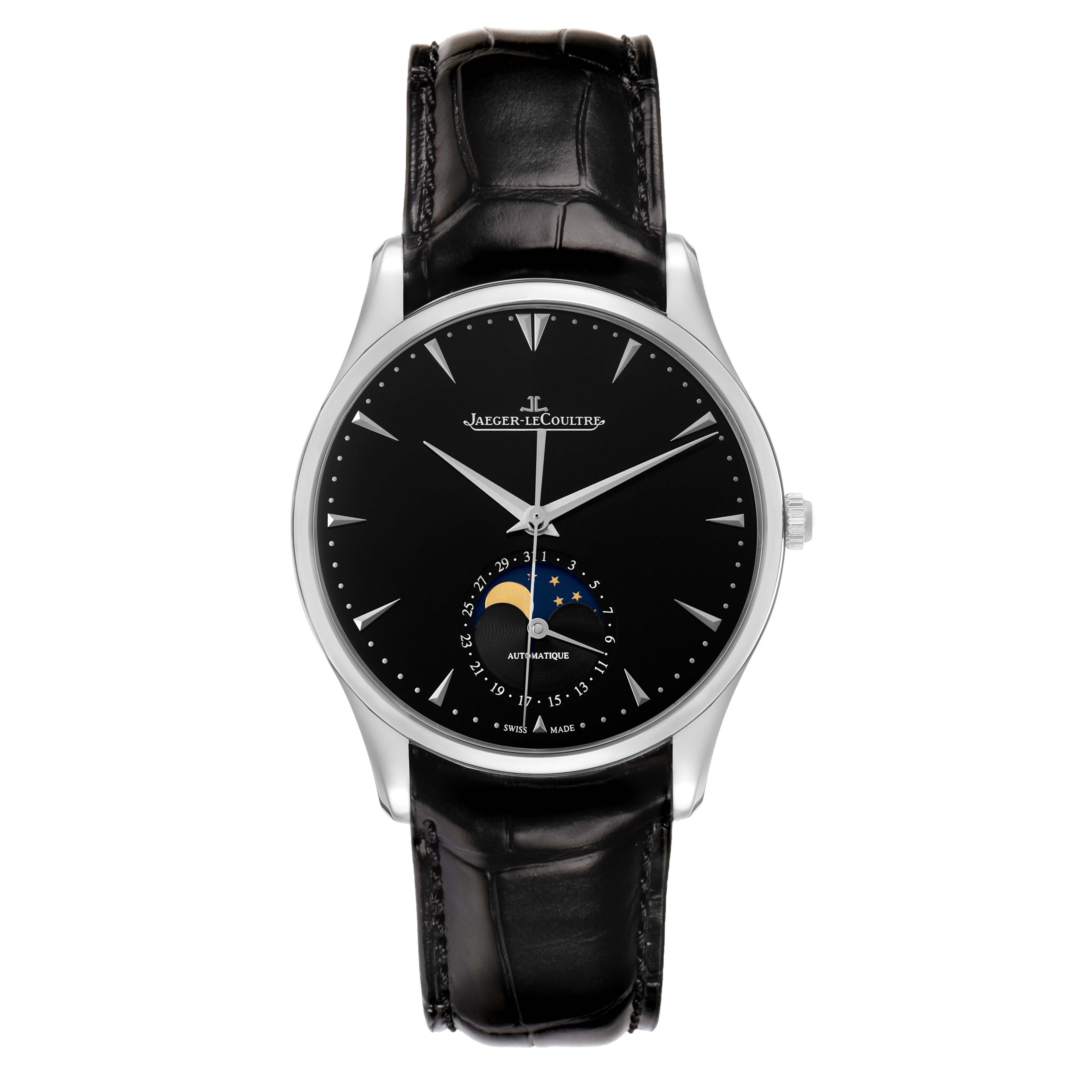 The Jaeger-LeCoultre Master model is shown from a front angle, highlighting its black dial, moon phase display, and leather strap.