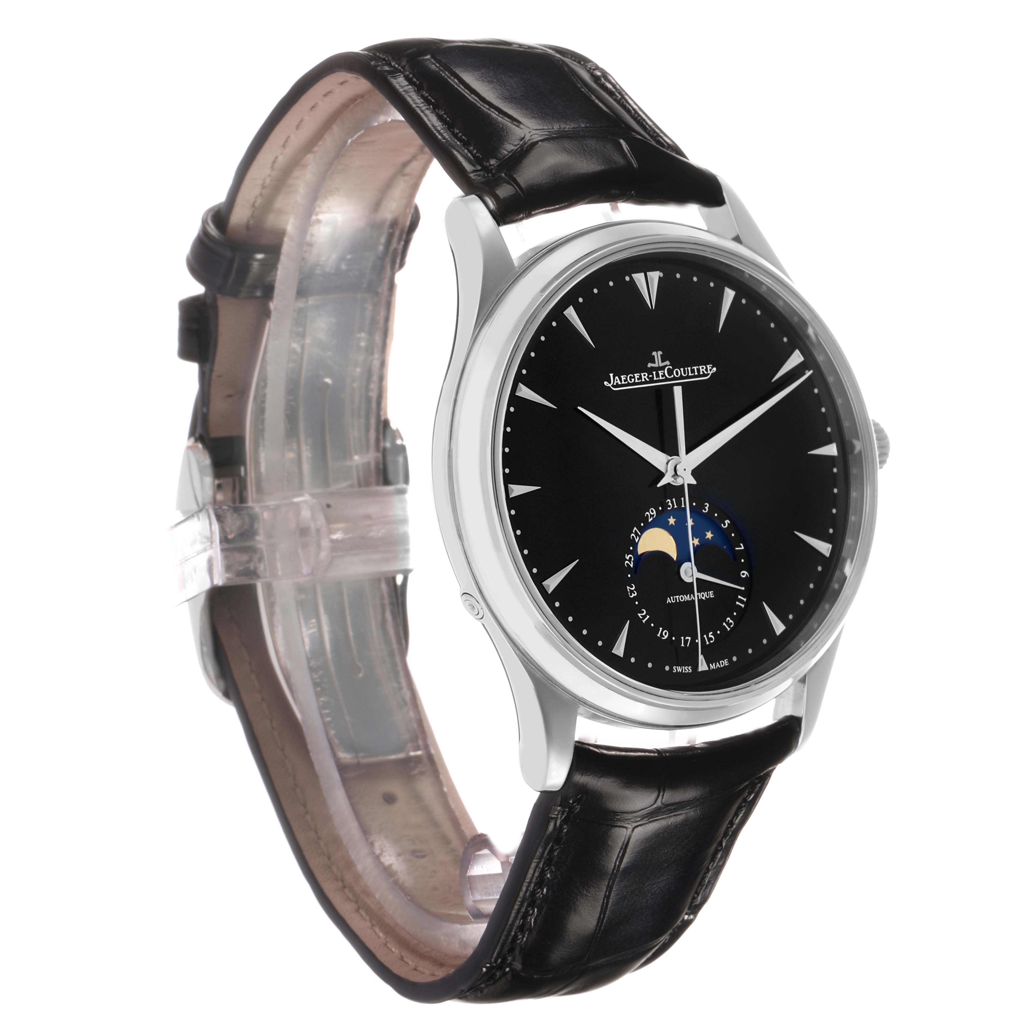 The Jaeger LeCoultre Master Q1368470 Men's Stainless Steel Black Dial watch is shown at a three-quarter angle, highlighting its face, leather strap, and side profile.
