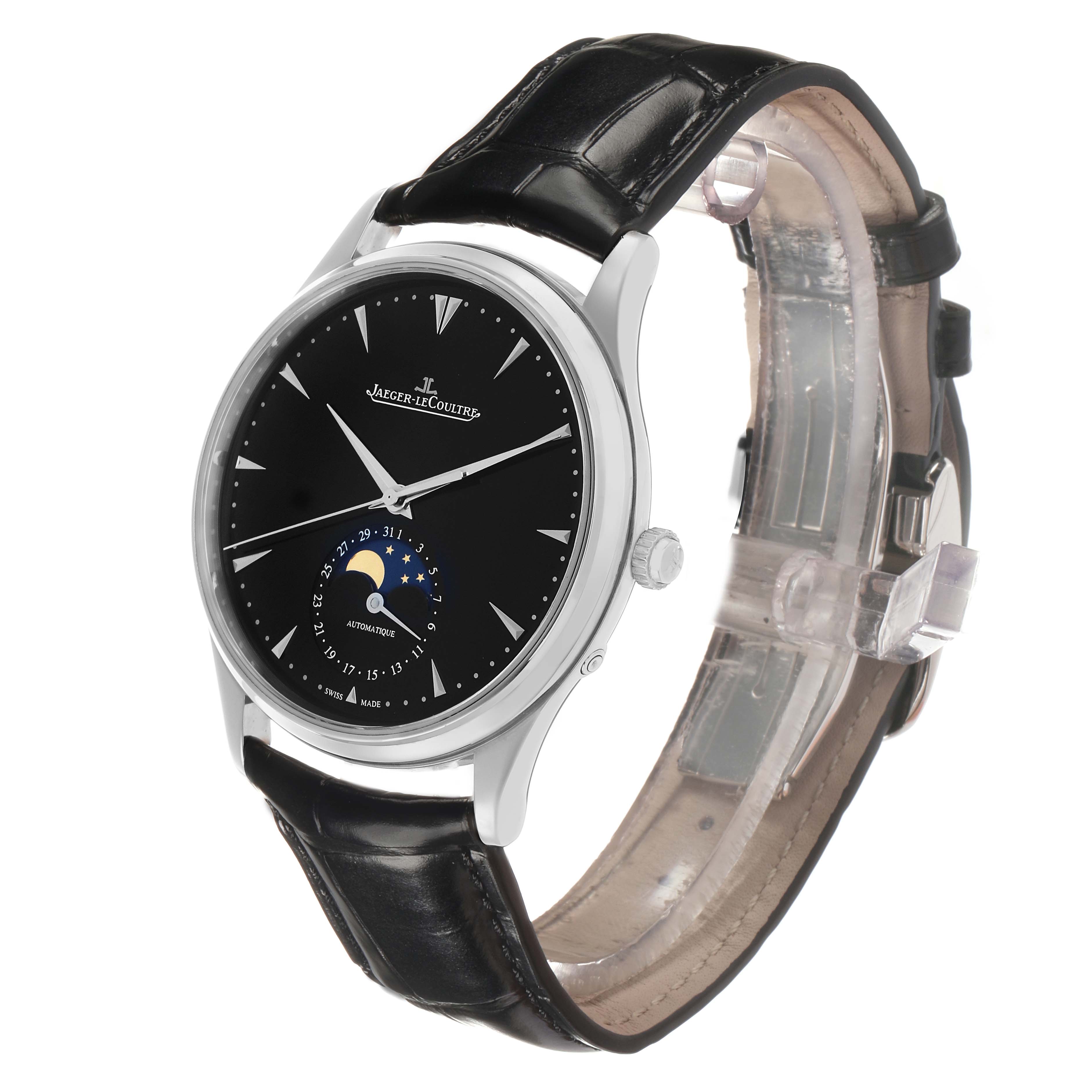 The Jaeger LeCoultre Master Q1368470 Men's Stainless Steel Black Dial watch is shown at a three-quarter angle, highlighting the black dial, moon phase, and leather strap.