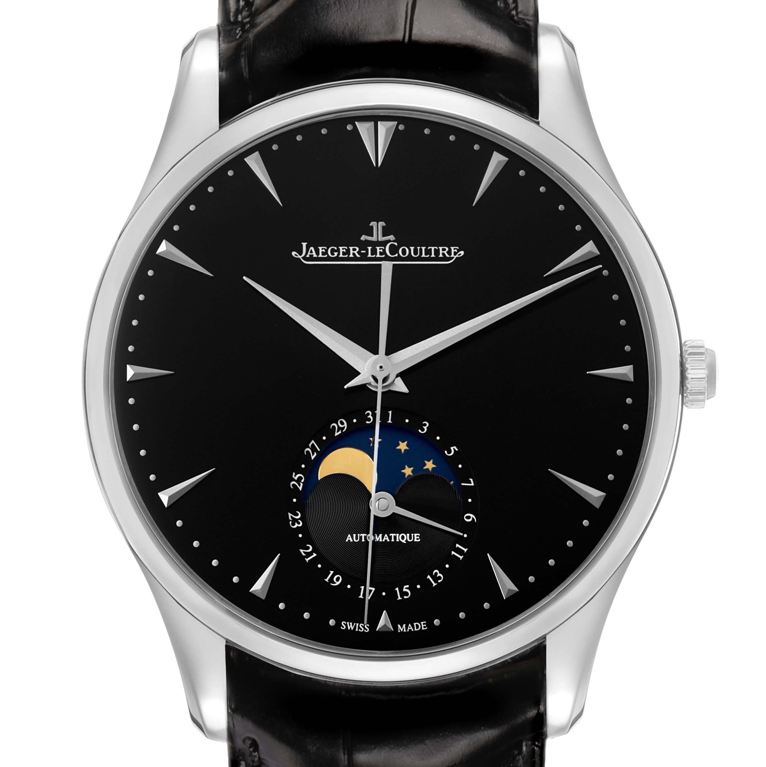 The Jaeger-LeCoultre Master watch is shown from the front, displaying its black dial, moon phase, hands, and crown.